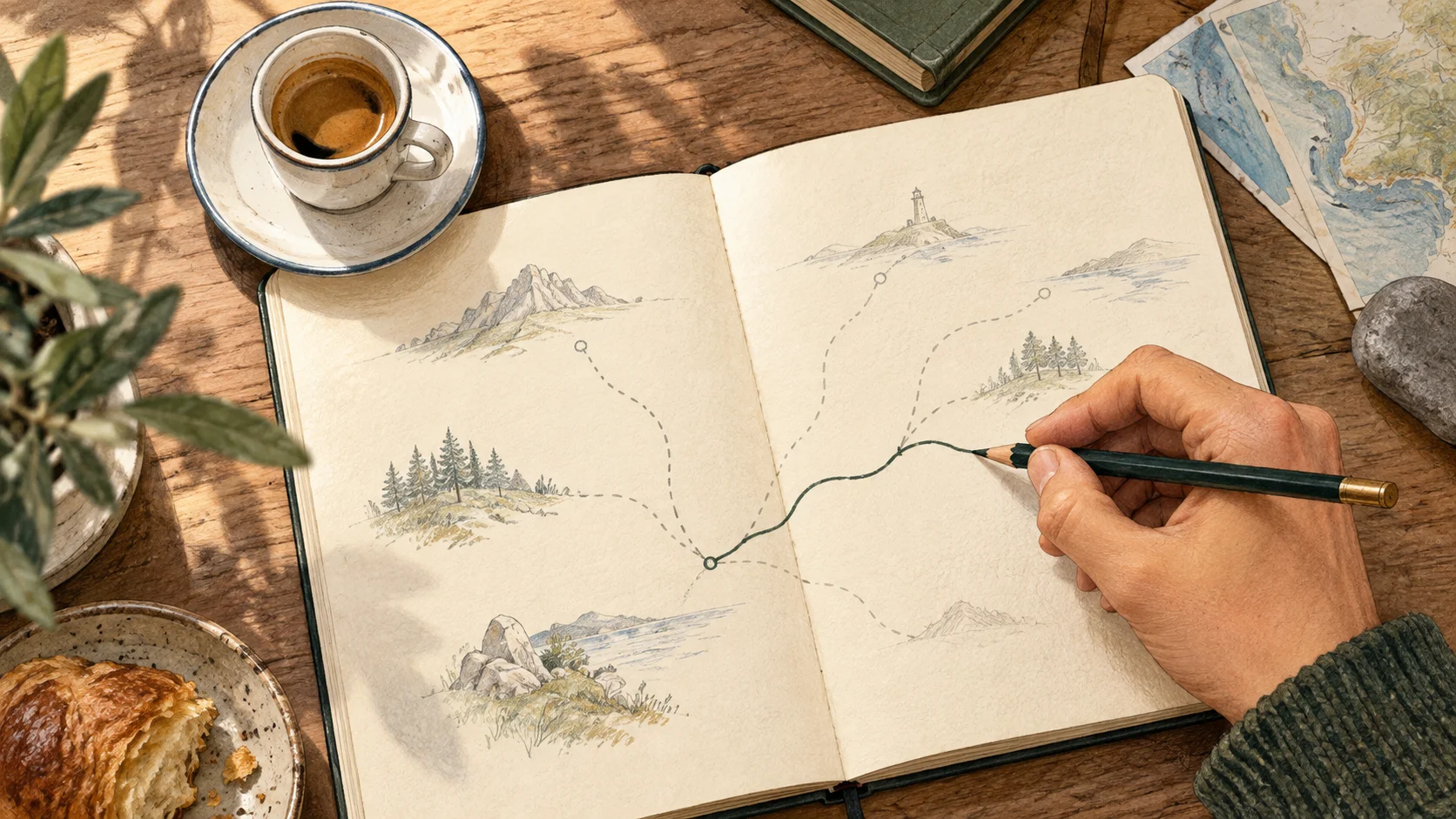 An espresso beside an open notebook, where a hand draws the next step along an unfinished route.
