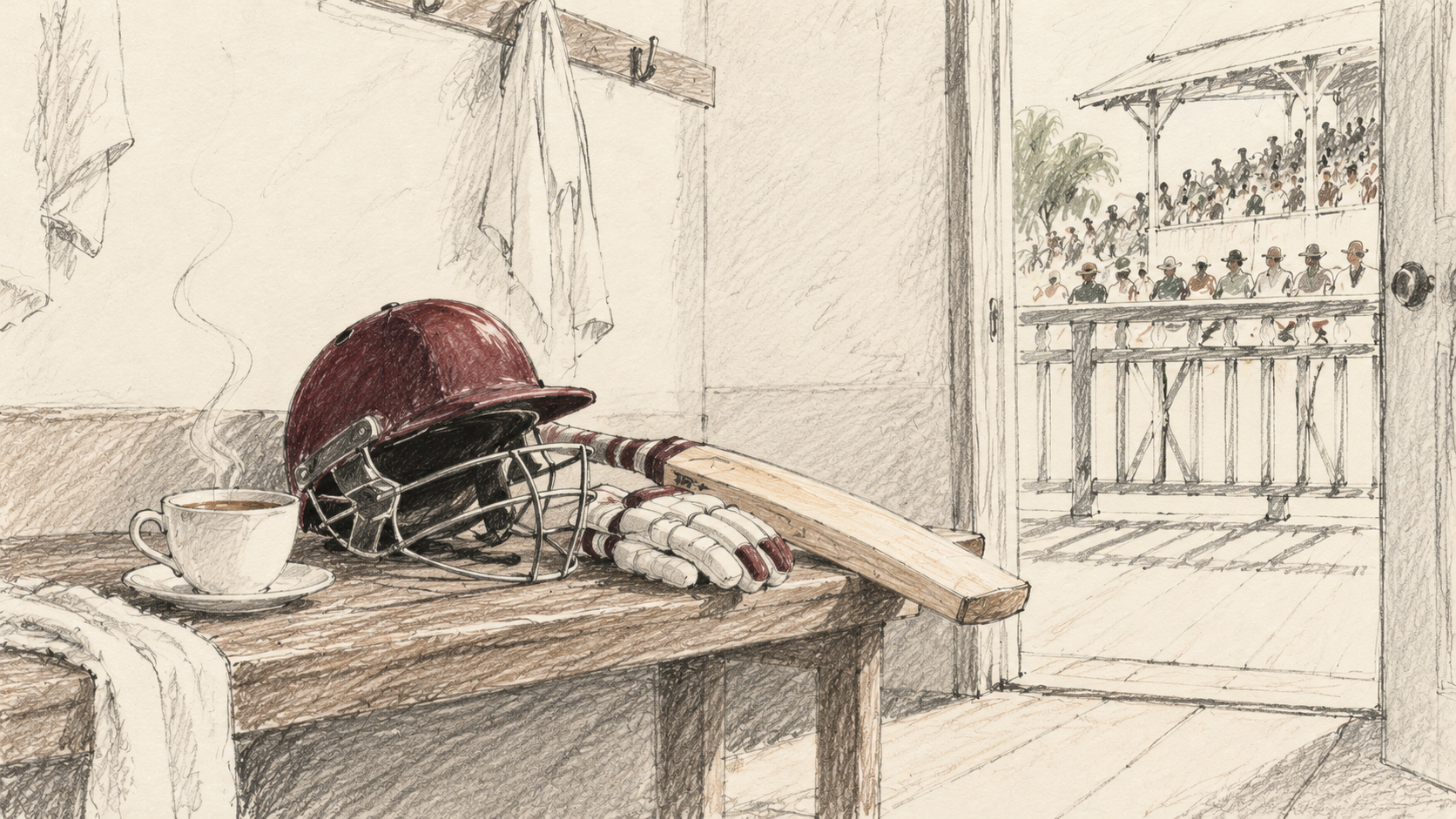 Pencil illustration of a cricket helmet, gloves, bat and tea cup on an old dressing-room bench.