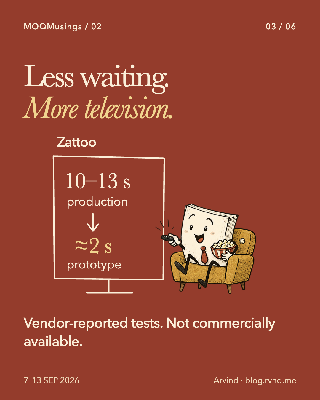 Less waiting. More television. A delighted packet leans forward in an armchair with a remote and popcorn beside a television comparison: Zattoo’s production delay of 10 to 13 seconds versus about 2 seconds in its MoQ prototype. These are Zattoo’s reported test results; the prototype was not commercially available. Vendor-reported tests. Not commercially available.