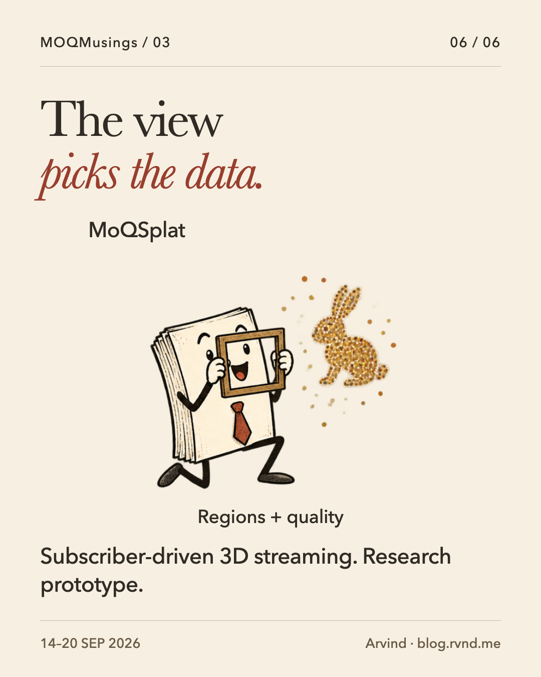 The view picks the data. Astonished Packet peers through a viewfinder at a floating rabbit made from rust and mustard dots. The scene illustrates selection of regions and quality by the viewer; the card labels MoQSplat as a research prototype. Subscriber-driven 3D streaming. Research prototype.