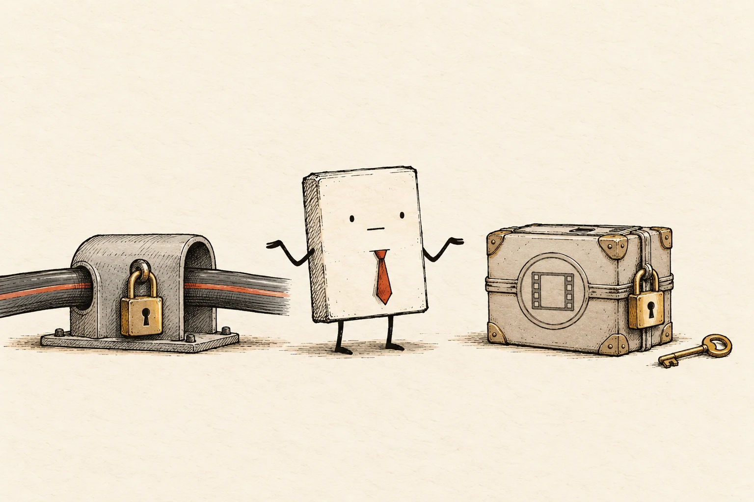 A necktie-wearing data packet stands between a locked network conduit and a separately locked media crate with its own key.