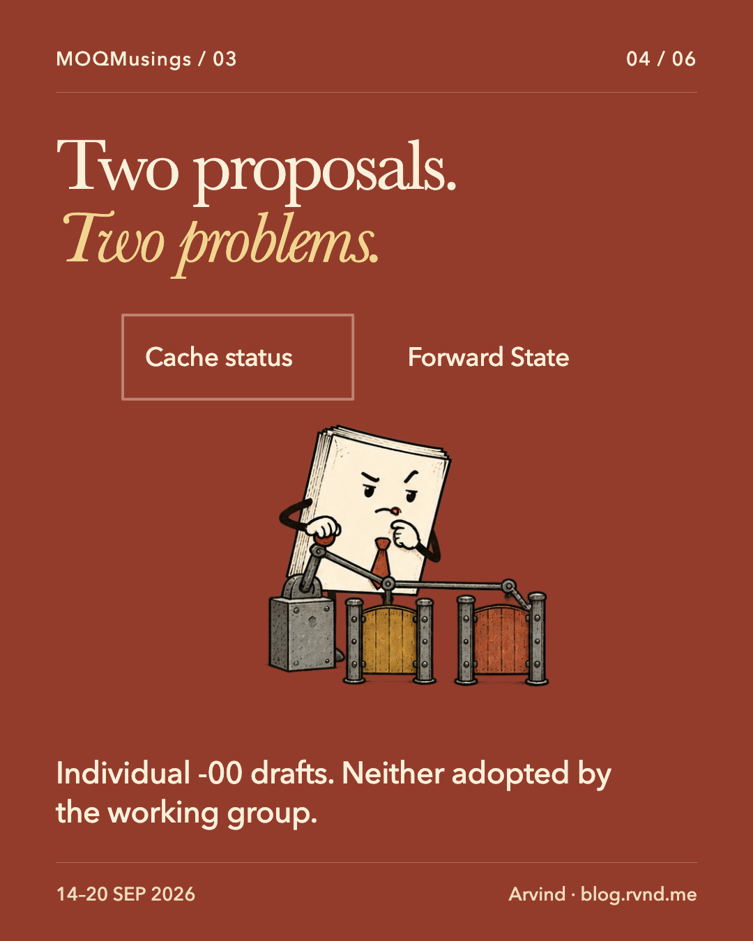 Two proposals. Two problems. Concentrating Packet studies a single lever mechanically linked to two gates. Separate headings distinguish cache-status signaling from coordinated Forward State changes; the visible caveat marks both as unadopted individual drafts. Individual -00 drafts. Neither adopted by the working group.