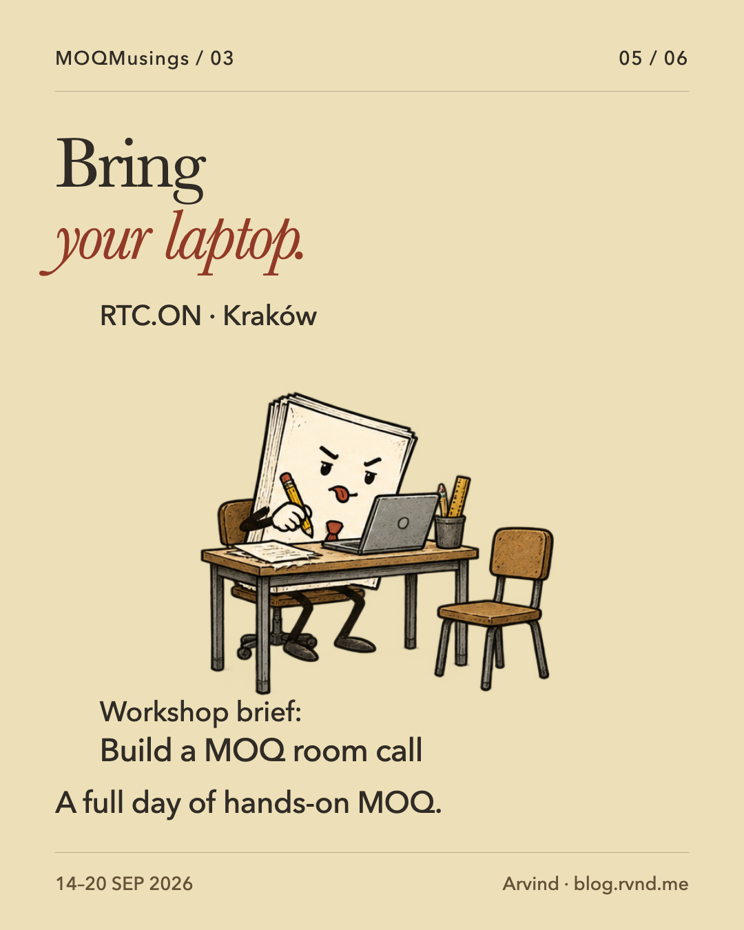 Bring your laptop. Studious Packet leans over an open laptop and notes, pencil in hand, with an empty chair beside the workbench. The exercise is labelled as a workshop brief, not a completed outcome. A full day of hands-on MOQ.