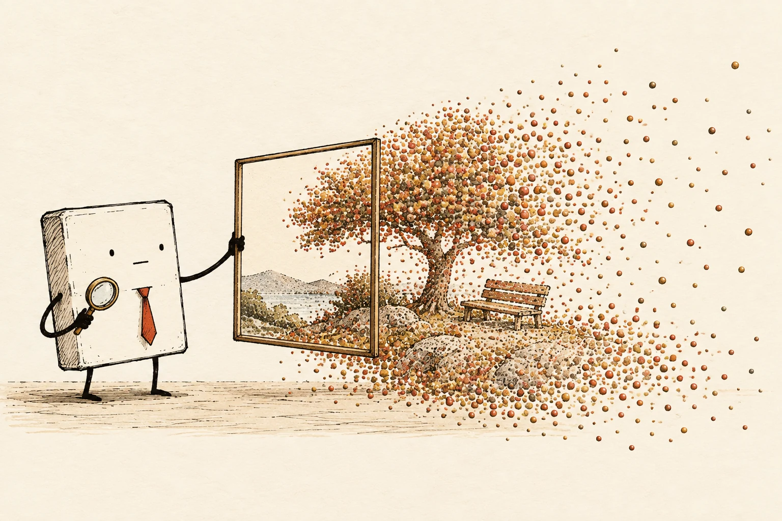 A necktie-wearing data packet examines a point-cloud landscape through a rectangular viewing frame as the unseen regions dissolve into sparse colored particles.