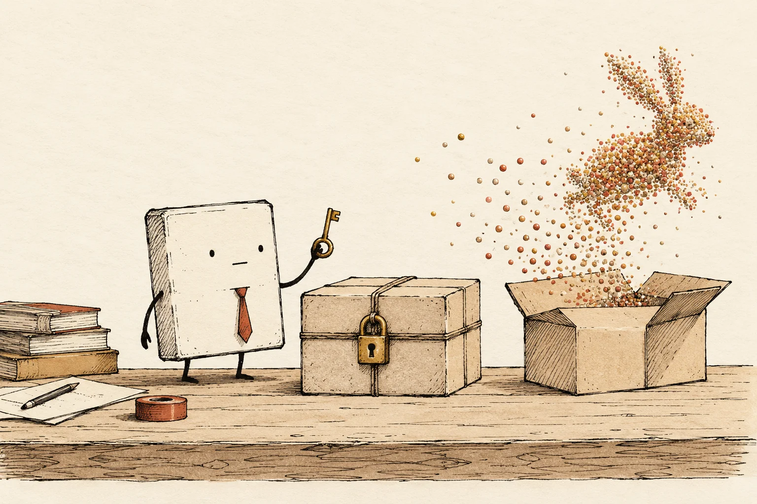 A necktie-wearing data packet holds a brass key beside a locked parcel while a cloud of colored 3D splat particles escapes from an open box.