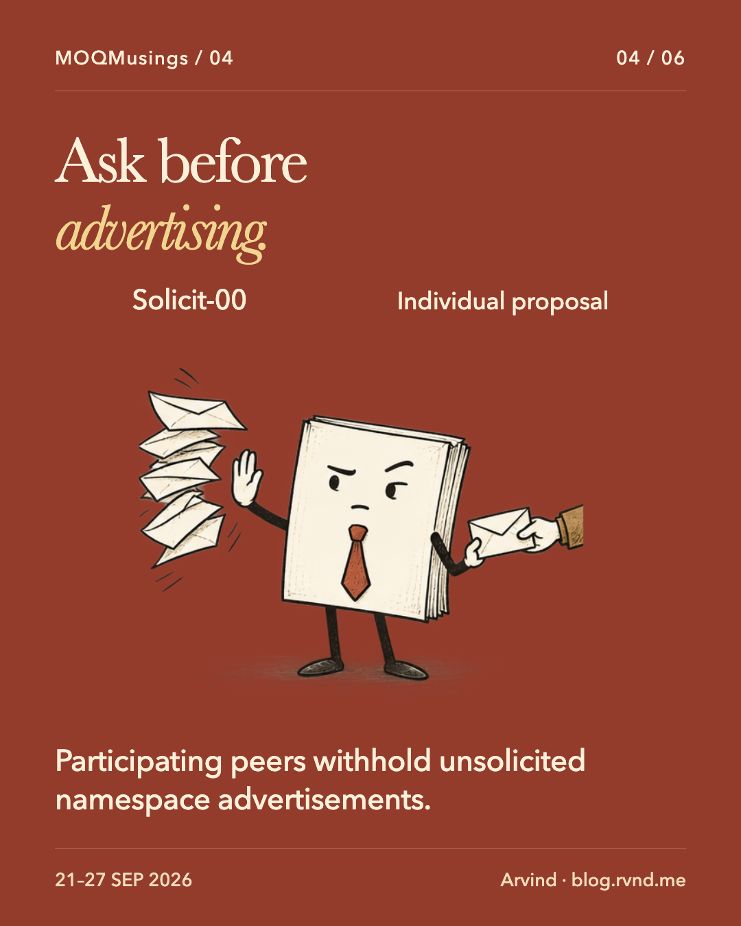 Ask before advertising. A skeptical Packet raises a palm to stop a stack of unsolicited envelopes while accepting one invited envelope. The labels identify Solicit-00 as an individual proposal. Participating peers withhold unsolicited namespace advertisements.