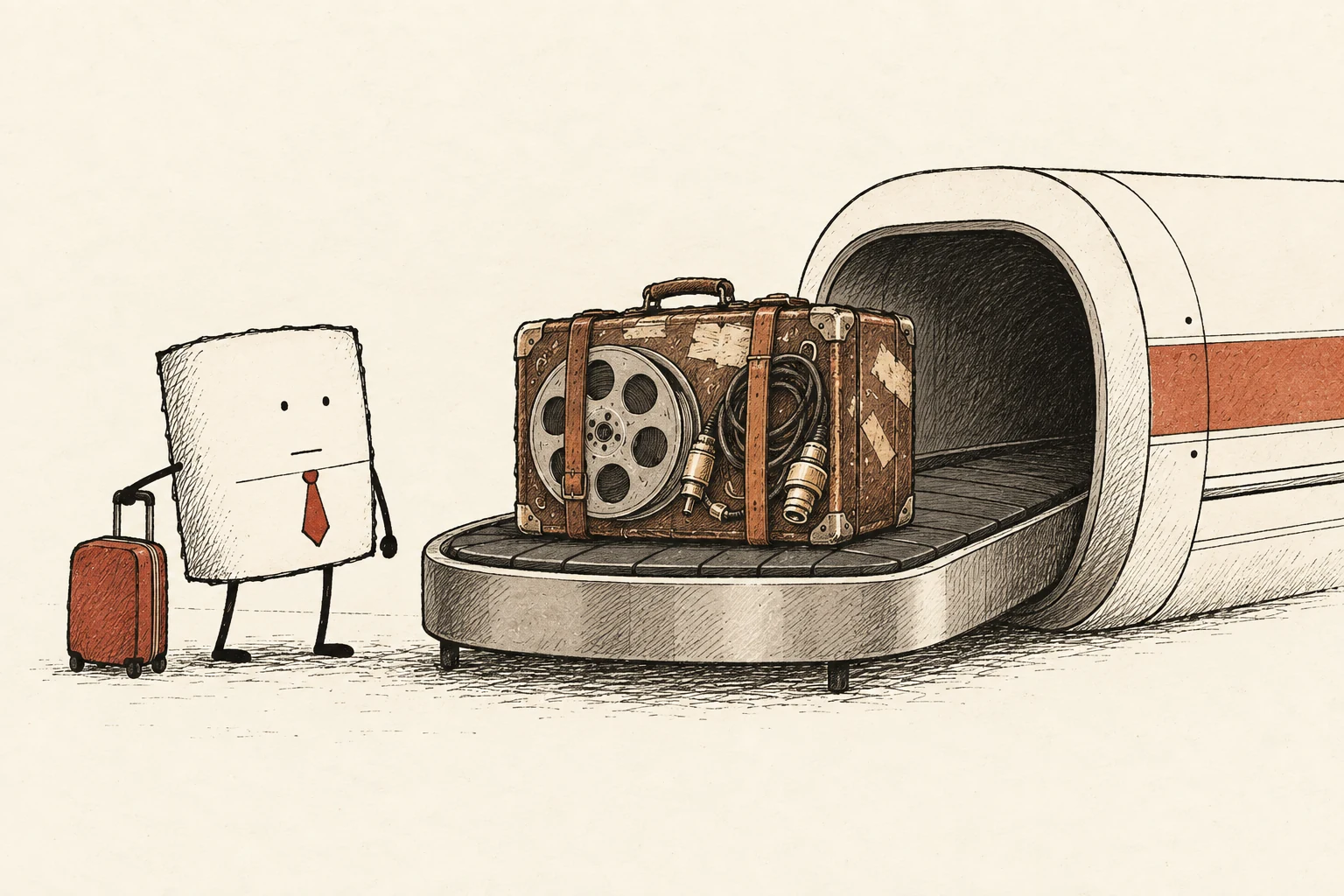 A necktie-wearing data packet waits at a baggage carousel as a battered broadcast suitcase with a film reel and cables emerges from a sleek network tunnel.