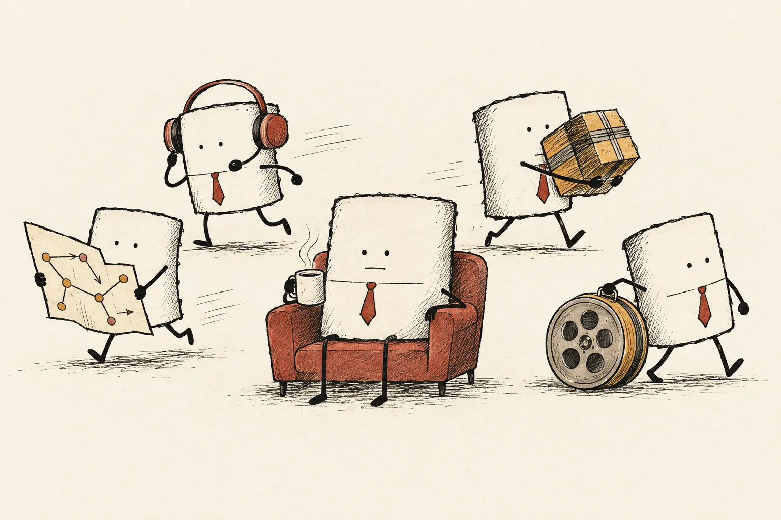 A calm necktie-wearing data packet sits in a rust-red chair while other packet characters rush around carrying a route map, headset, parcel, and film reel.
