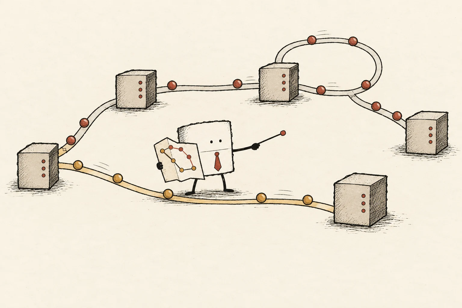 A necktie-wearing data packet directs traffic through a relay mesh, holding a map beside a looping route and a direct route.