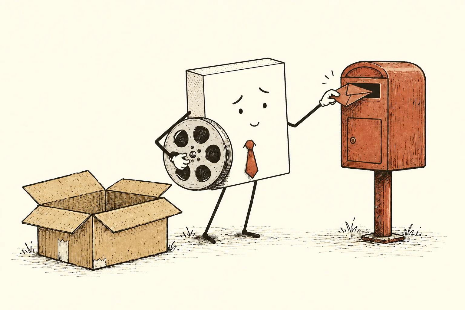 A hopeful solid data packet posts a small envelope while cradling an intact film reel; a large empty carton sits beside it.