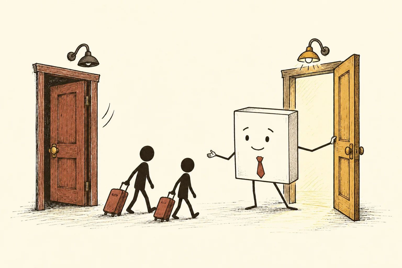 A sharp-edged data packet holds a lit doorway open and welcomes two travellers from a closing doorway, a metaphor for a relay handover.