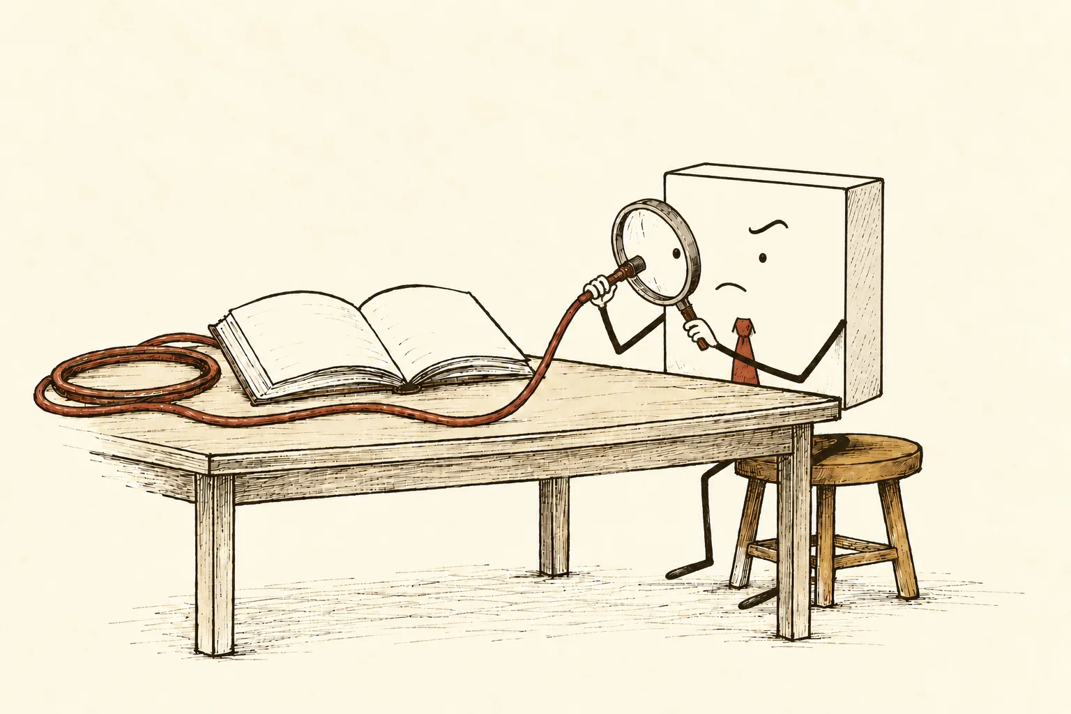 A sharp-edged solid data packet with thin ink limbs and a rust-red tie examines a tiny cable connector through a magnifying glass beside an open manual.