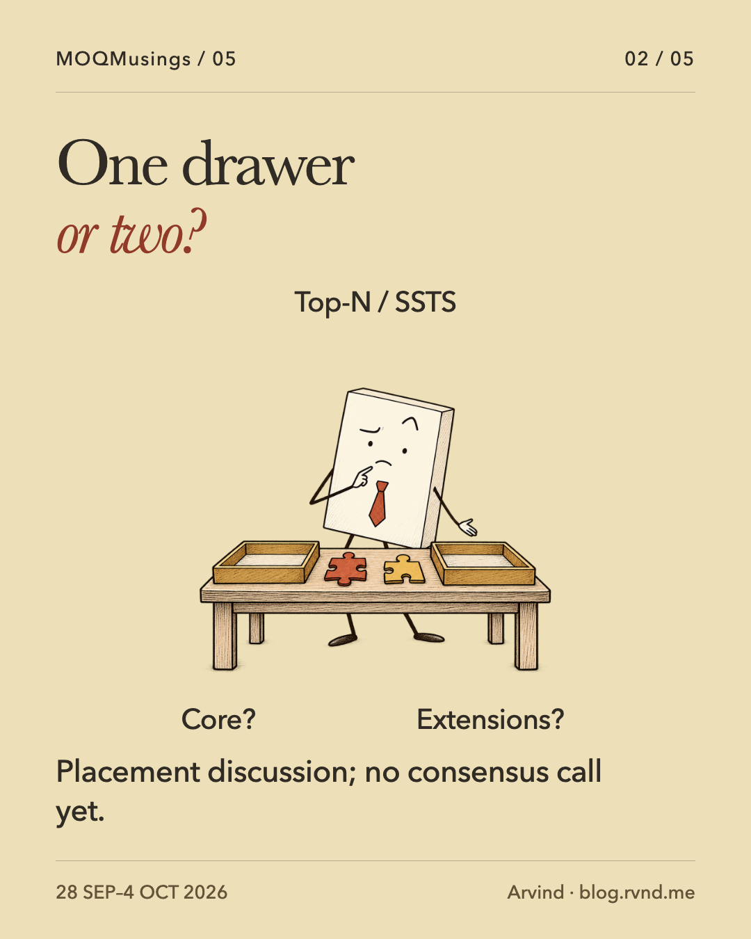 One drawer or two? A puzzled Packet looks between two empty trays and two loose puzzle pieces. Separate labels identify the unresolved core-versus-extensions choice for proposed top-N and SSTS mechanisms. Placement discussion; no consensus call yet.