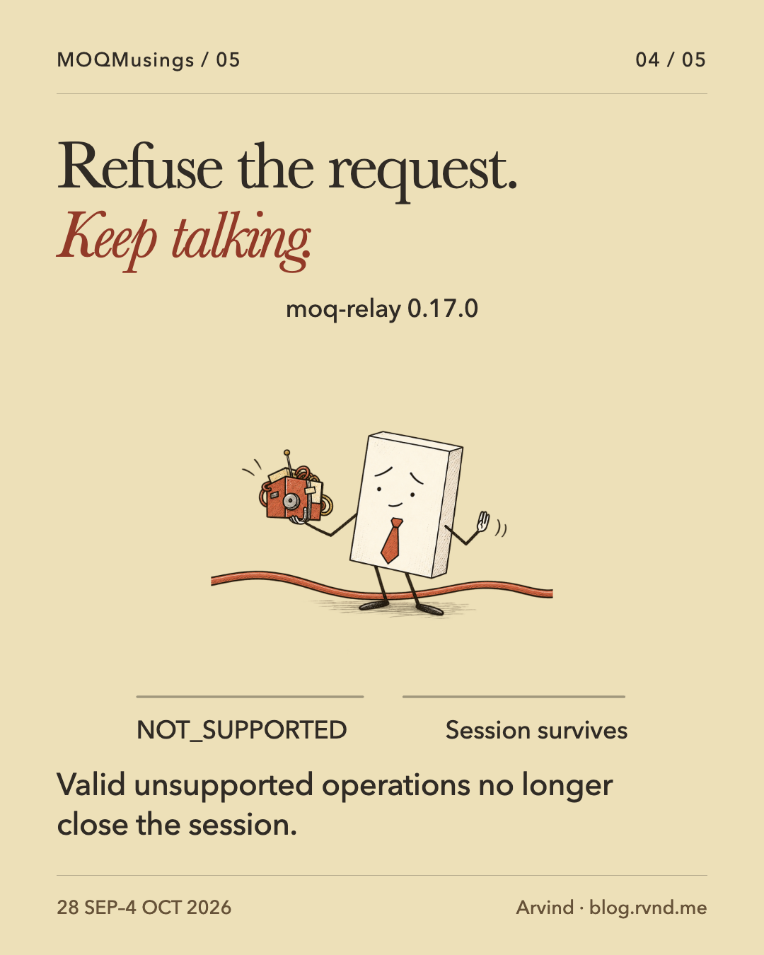 Refuse the request. Keep talking. An apologetic Packet raises a gentle stop hand toward one odd-shaped parcel while a continuous cable runs past it. NOT_SUPPORTED applies to the request, and the session survives. Valid unsupported operations no longer close the session.