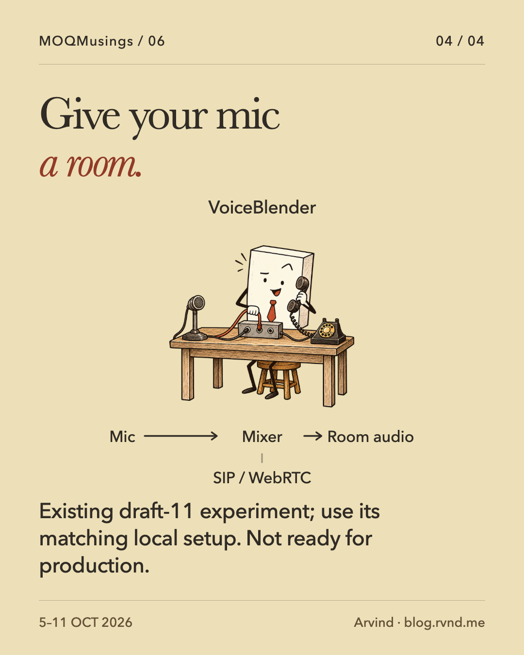 Give your mic a room. A curious Packet plugs a cable into an audio switchboard while holding a telephone receiver, with a microphone on the desk. A separate mic-to-mixer-to-room-audio diagram explains the browser audio path. SIP/WebRTC labels describe the broader mixer, while the visible text preserves the experiment’s draft-11 and non-production status. Existing draft-11 experiment; use its matching local setup. Not ready for production.