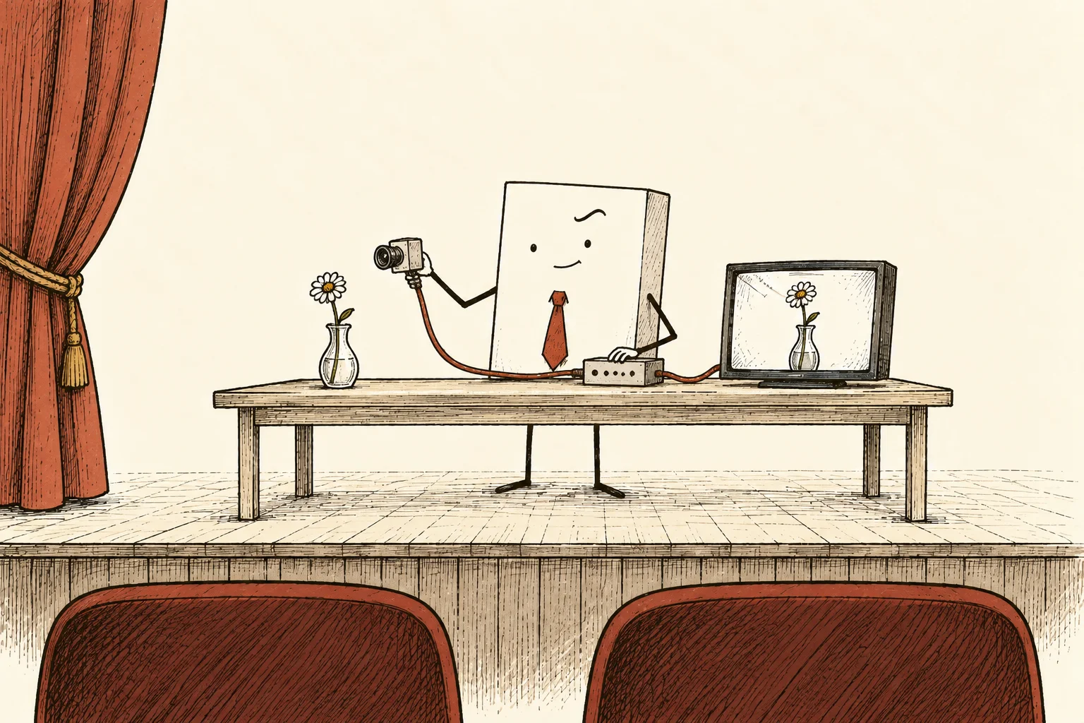 A sharp solid data packet in a rust-red tie demonstrates a camera, relay box and monitor on a small cinema stage; both camera and screen show one modest flower.