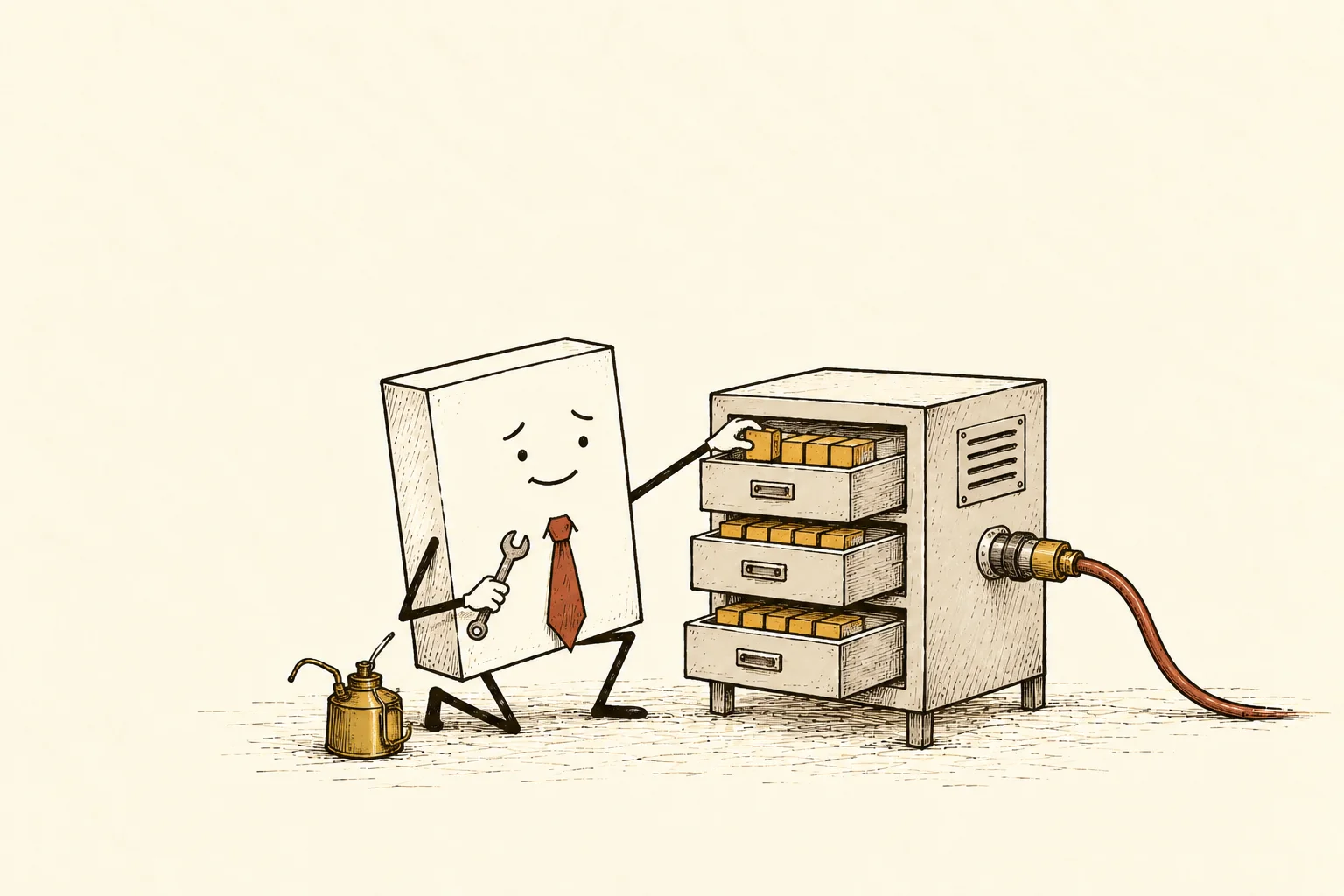 A relieved solid rectangular Packet uses a small spanner while replacing a missing data block in a relay cabinet's cache drawer.