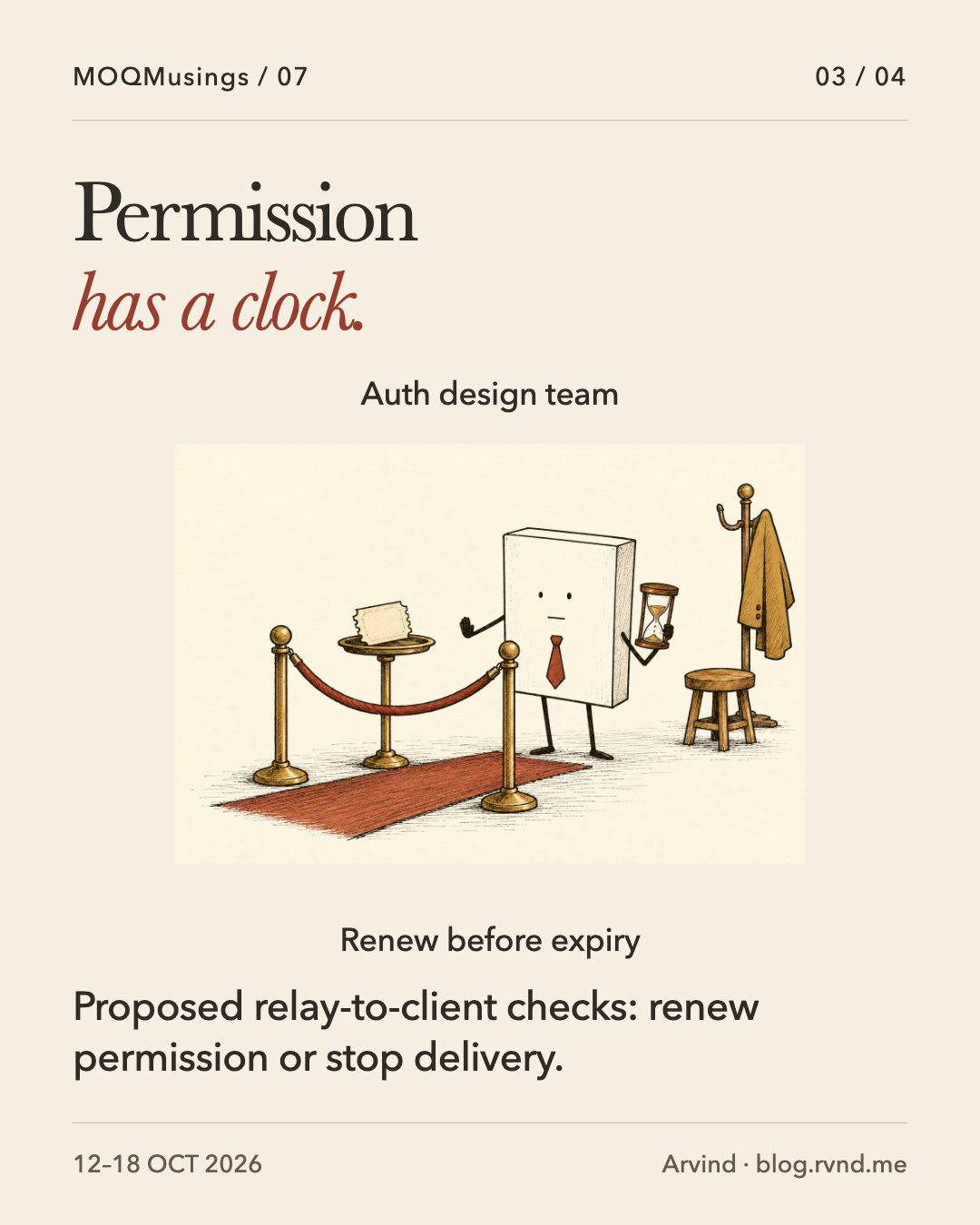 Permission has a clock. A deadpan Packet holds an hourglass and a small stop gesture beside an old admission ticket and a rope entrance. The separately typeset instruction to renew before expiry illustrates the proposed lifetime permission checks. Proposed relay-to-client checks: renew permission or stop delivery.