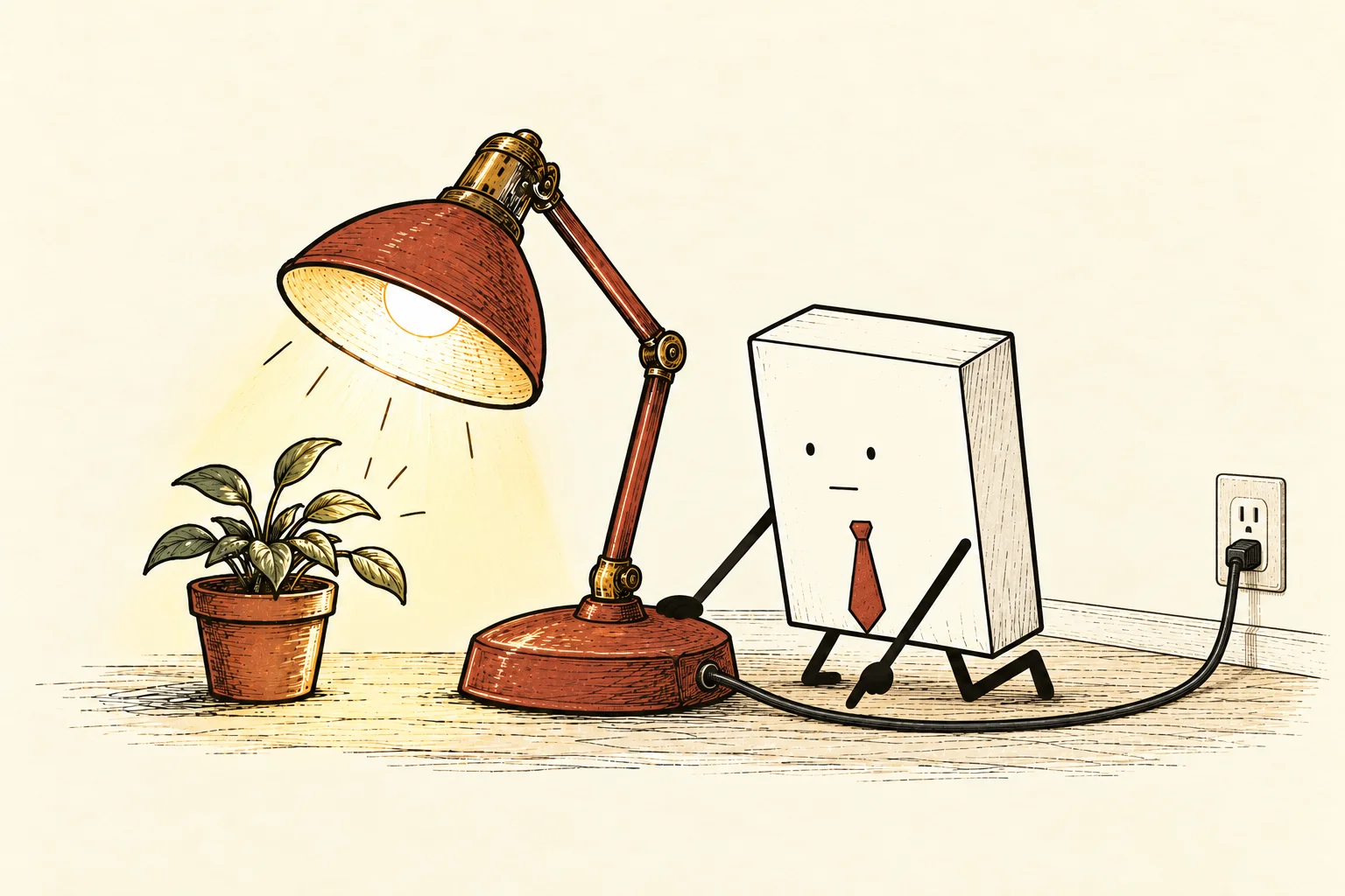 A deadpan solid rectangular Packet inspects a desk lamp with one cord connecting its base to a wall outlet while it illuminates a small plant.