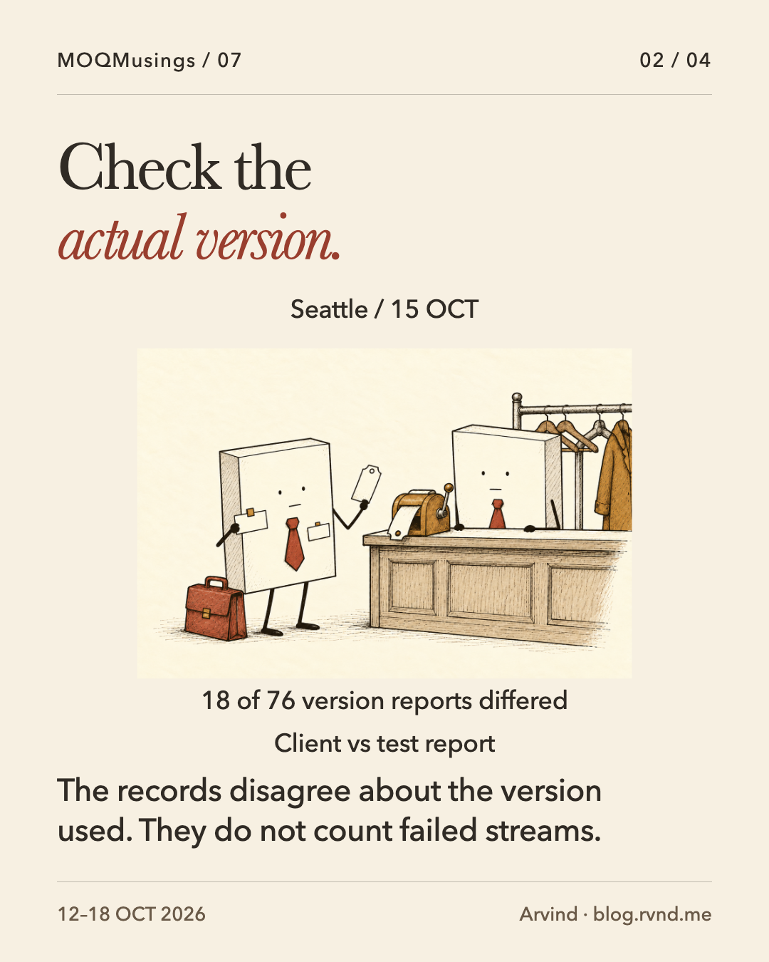 Check the actual version. Two deadpan Packet characters compare differently shaped blank badges at a coat-check counter. Separate labels compare client reports with the test report and identify 18 differences among 76 version reports. The records disagree about the version used. They do not count failed streams.