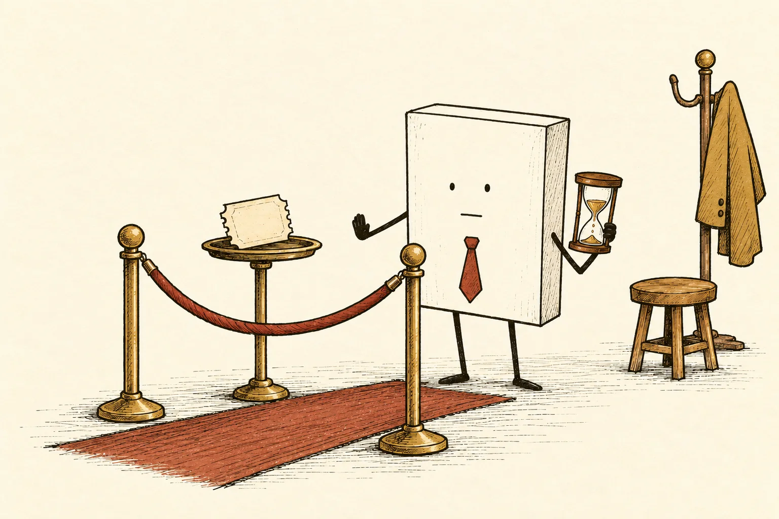 Packet calmly holds up a small hand at a velvet-rope entrance while inspecting an hourglass and an old blank admission ticket.