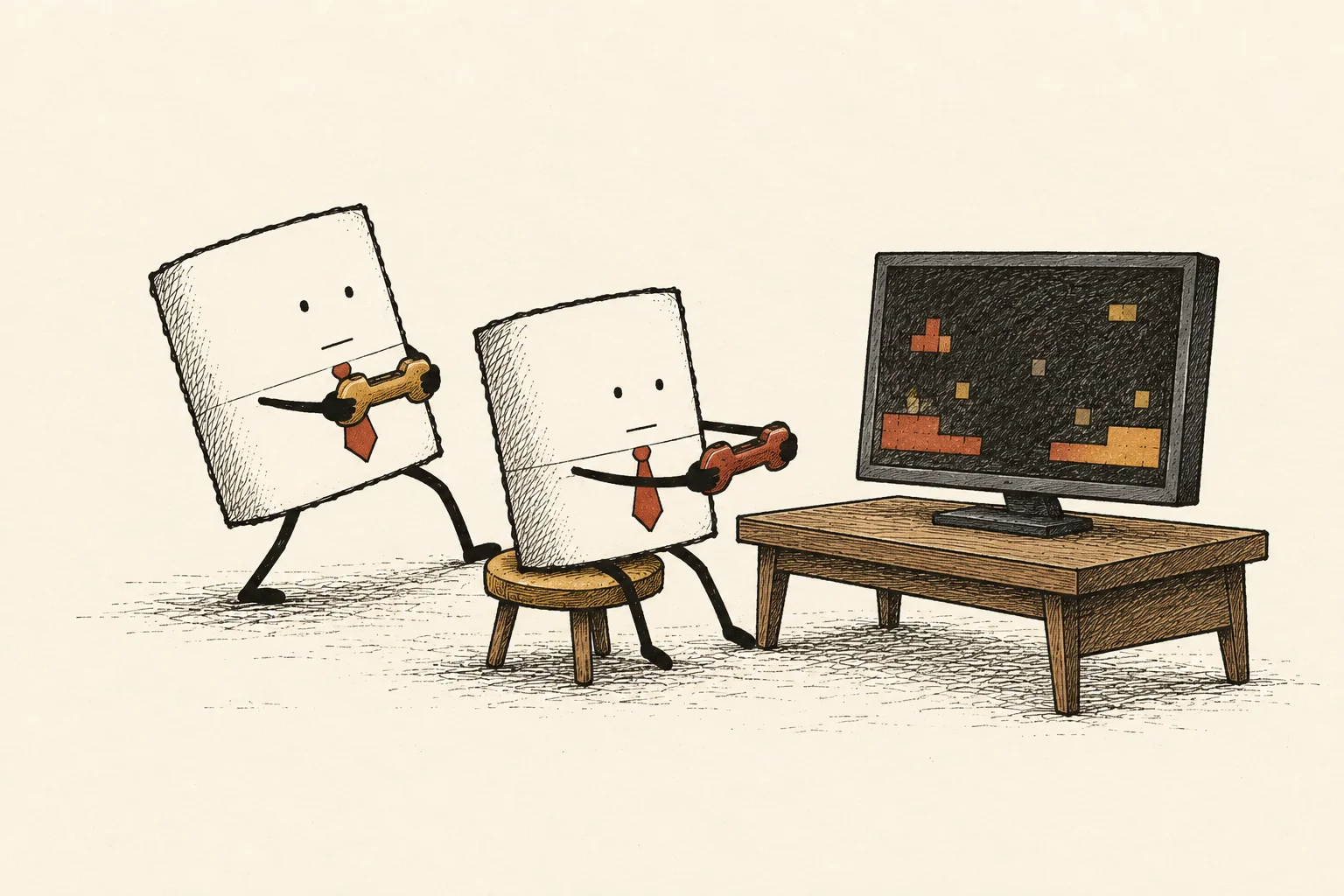 Two deadpan Packets hold controllers beside a shared screen showing a pixel-block game.