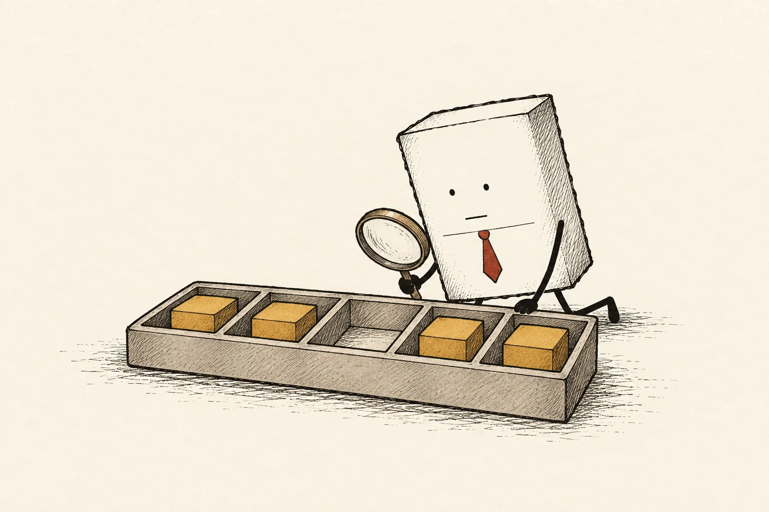 Deadpan Packet kneels beside a sorting tray and examines its one empty compartment with a magnifying glass.
