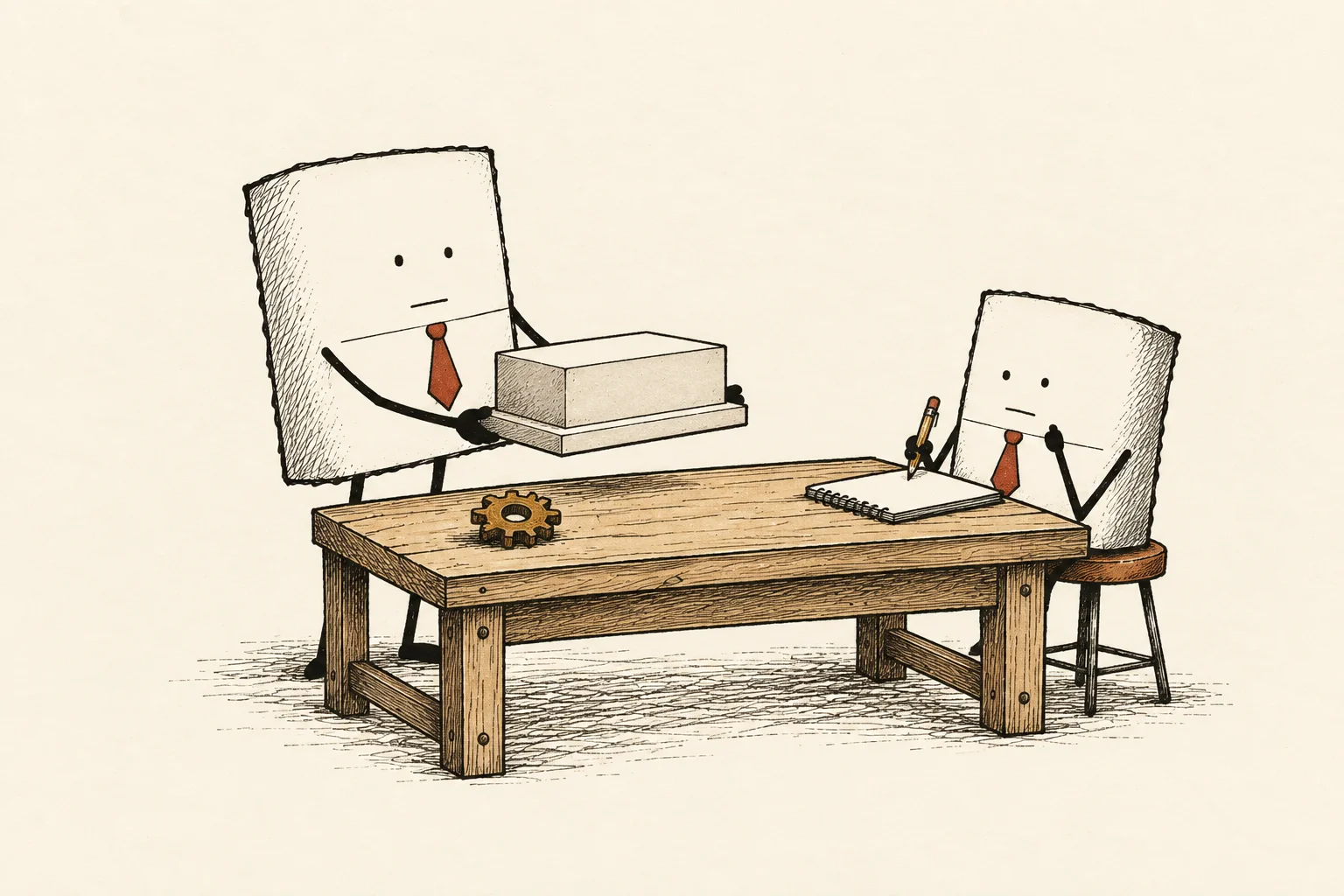 One Packet presents an empty display plinth while another waits with a pencil and notebook at a workbench.