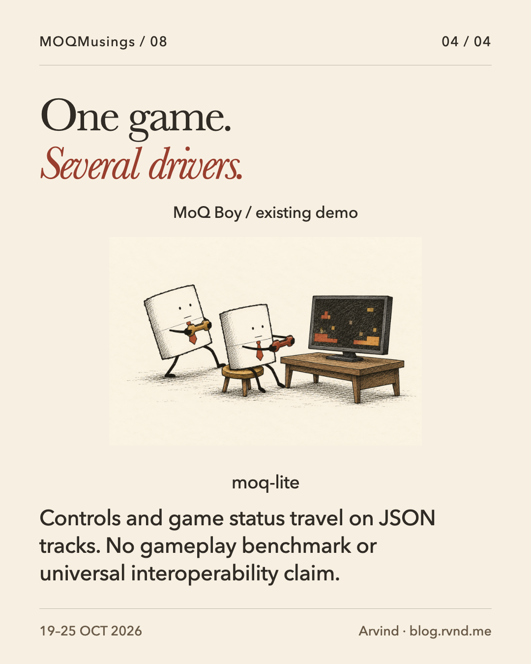One game. Several drivers. Two deadpan Packets hold wireless controllers beside one supported monitor showing abstract pixel blocks. Their different postures suggest disagreement over the controls. Controls and game status travel on JSON tracks. No gameplay benchmark or universal interoperability claim.