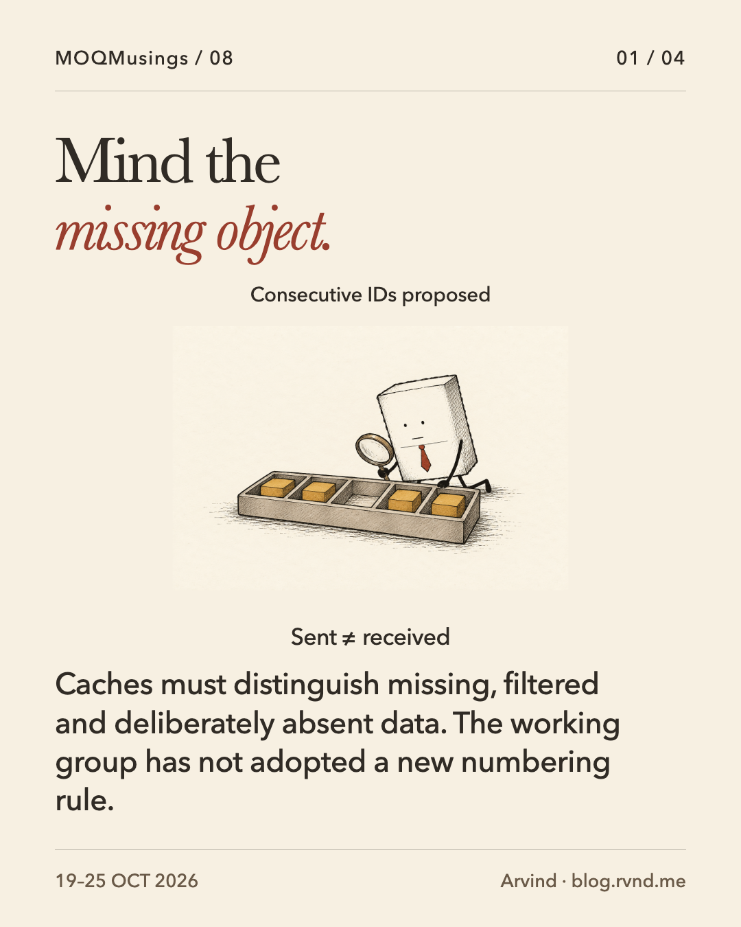 Mind the missing object. Packet kneels by a tray and inspects an empty compartment with a magnifying glass. Separate labels distinguish sent objects from received objects. Caches must distinguish missing, filtered and deliberately absent data. The working group has not adopted a new numbering rule.