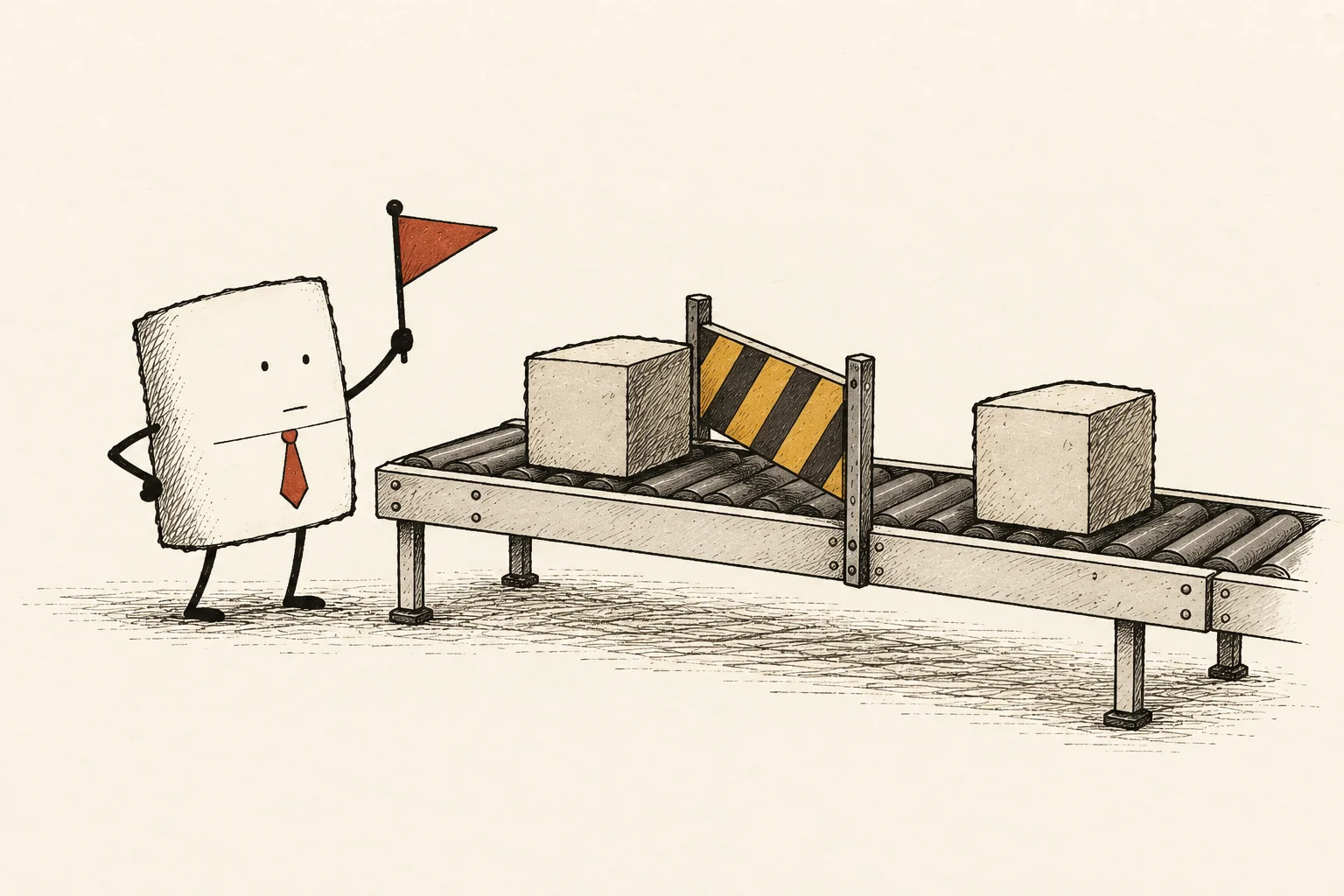 Packet holds a finish flag beside a conveyor whose lowered gate separates two cargo blocks.