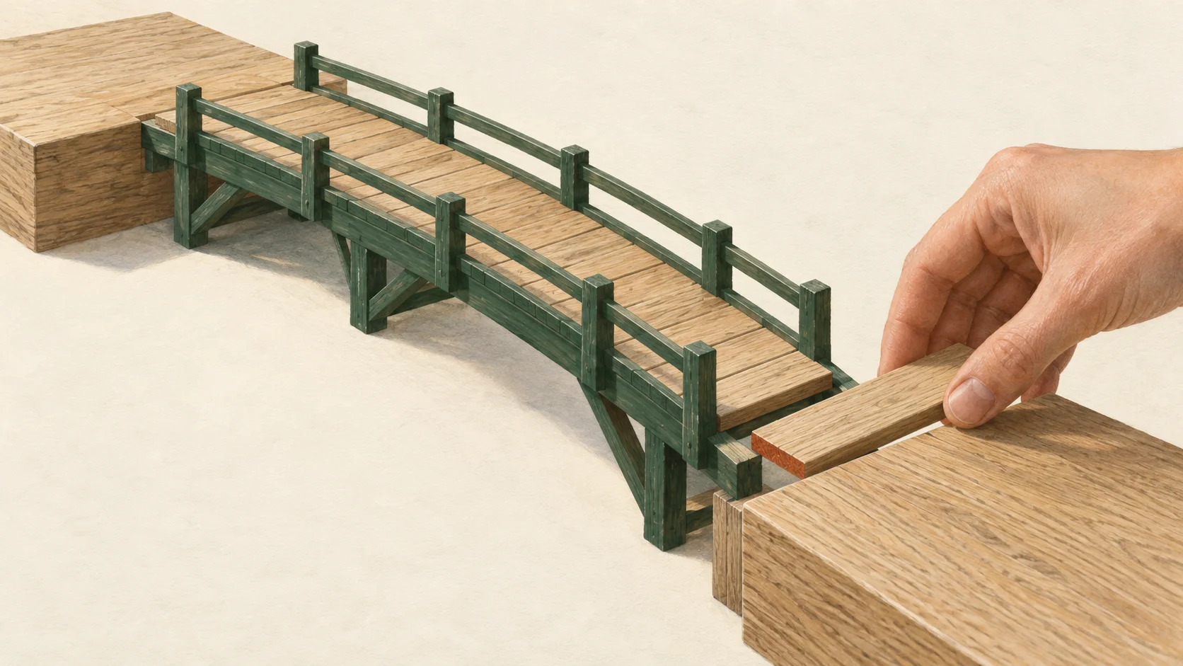 A hand lowers the final wooden plank into the gap between a green model footbridge and its landing.