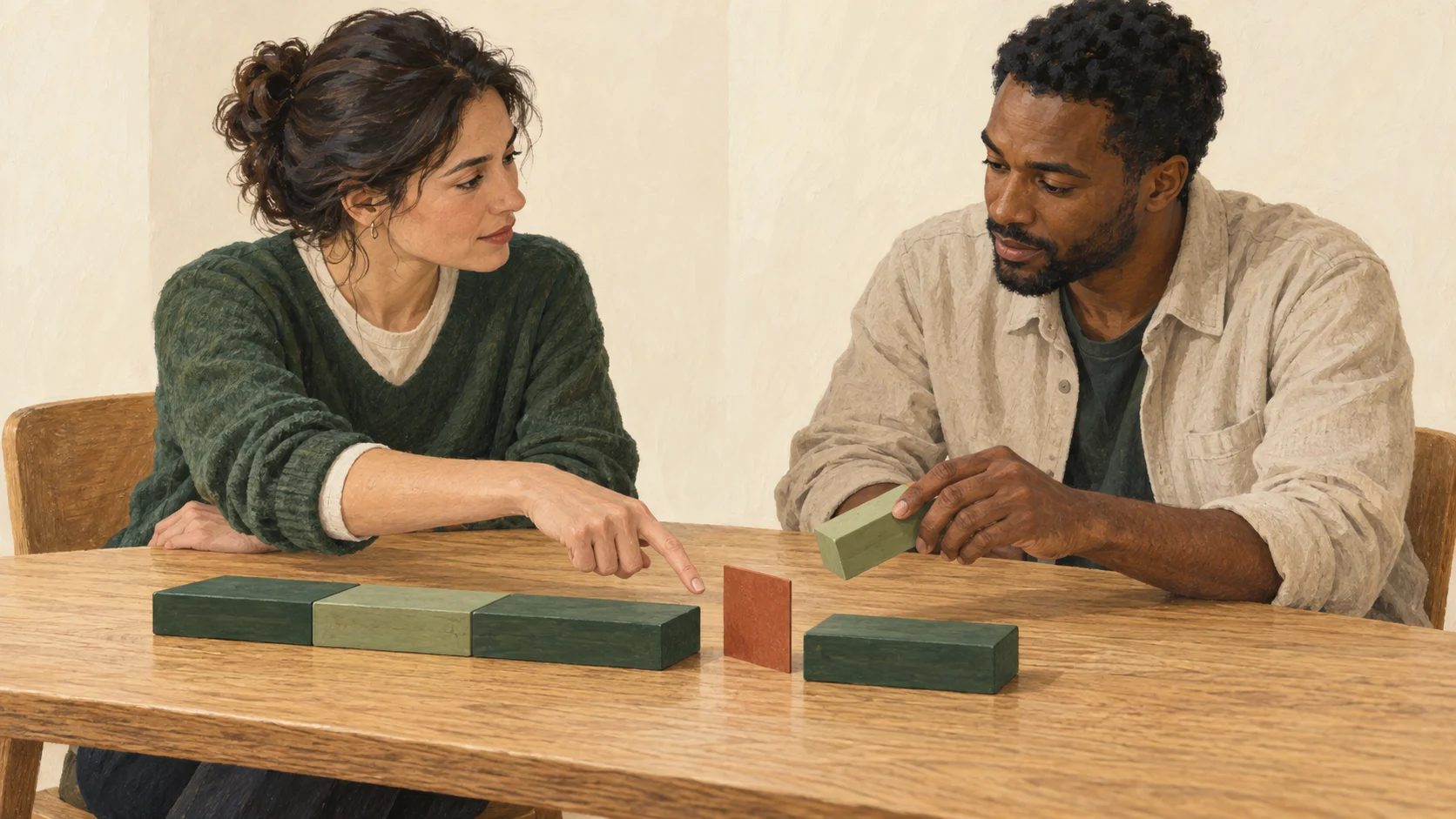 Two colleagues discuss a row of wooden blocks on a table. One points to a gap marked by a rust-colored tile while the other holds a green block beside it.