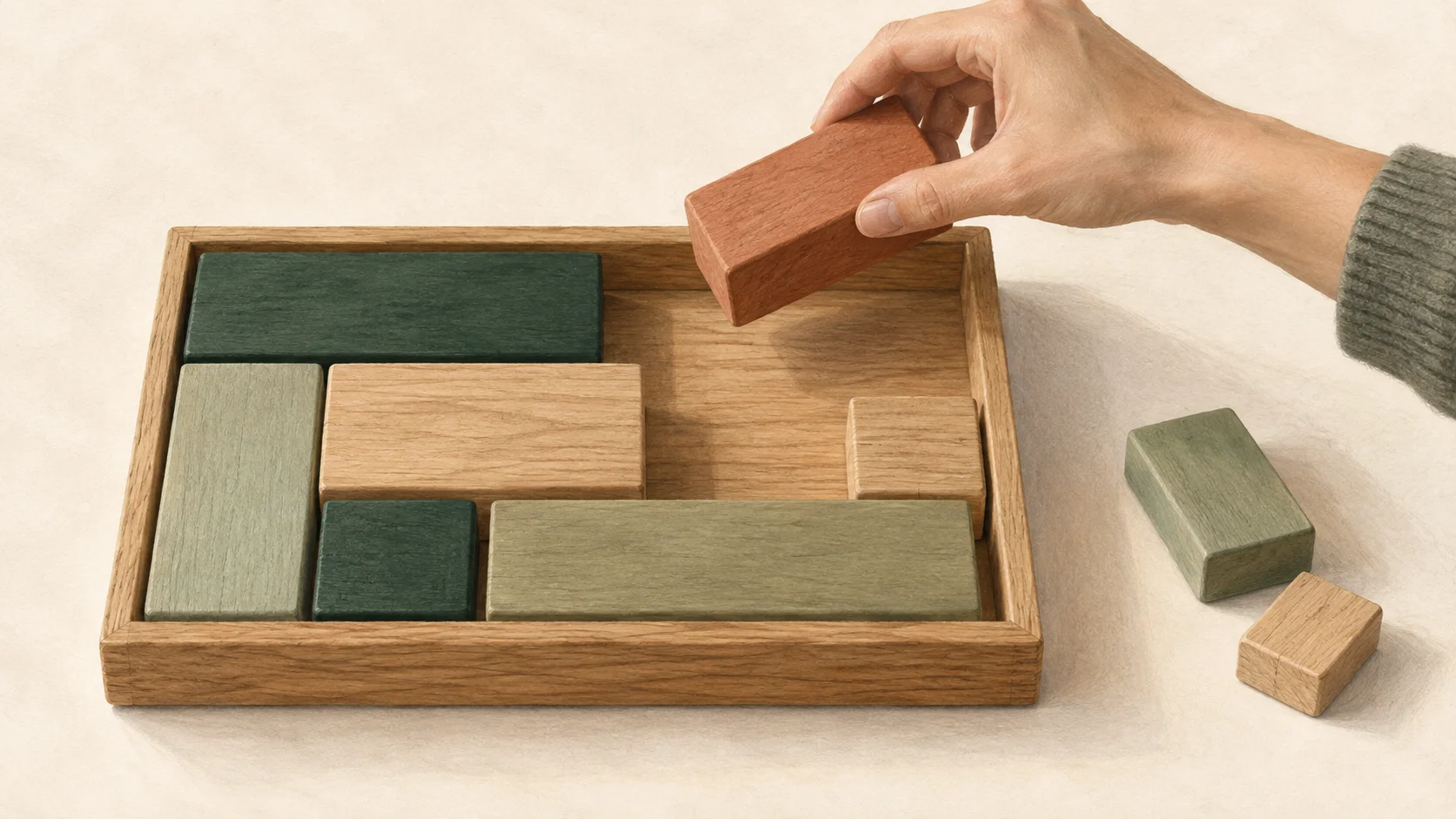 A hand holds a rust-colored wooden block above a tray of green and natural wood blocks, with open space inside and two blocks set aside on the table.