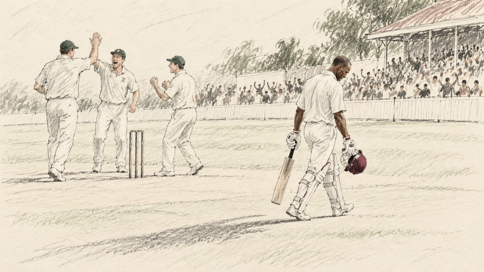 Loose pencil illustration of Brian Lara carrying his bat and helmet away from the wicket as Australian fielders celebrate behind him.