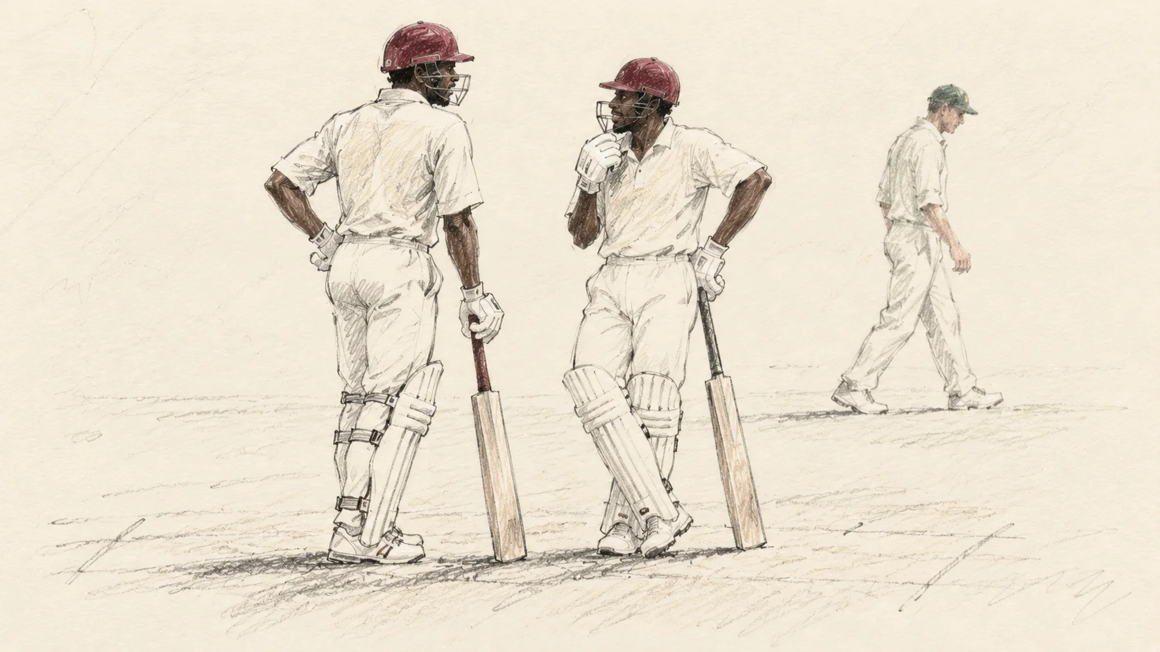 Loose pencil illustration of Sherwin Campbell and Ridley Jacobs conferring in batting kit between overs, with an Australian fielder in the background.
