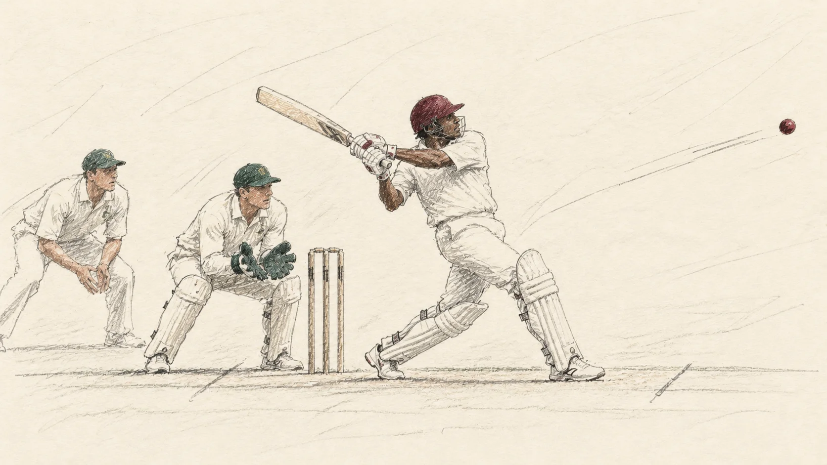 Loose pencil illustration of Brian Lara playing an attacking stroke, with the Australian wicketkeeper and a slip fielder behind the wicket.