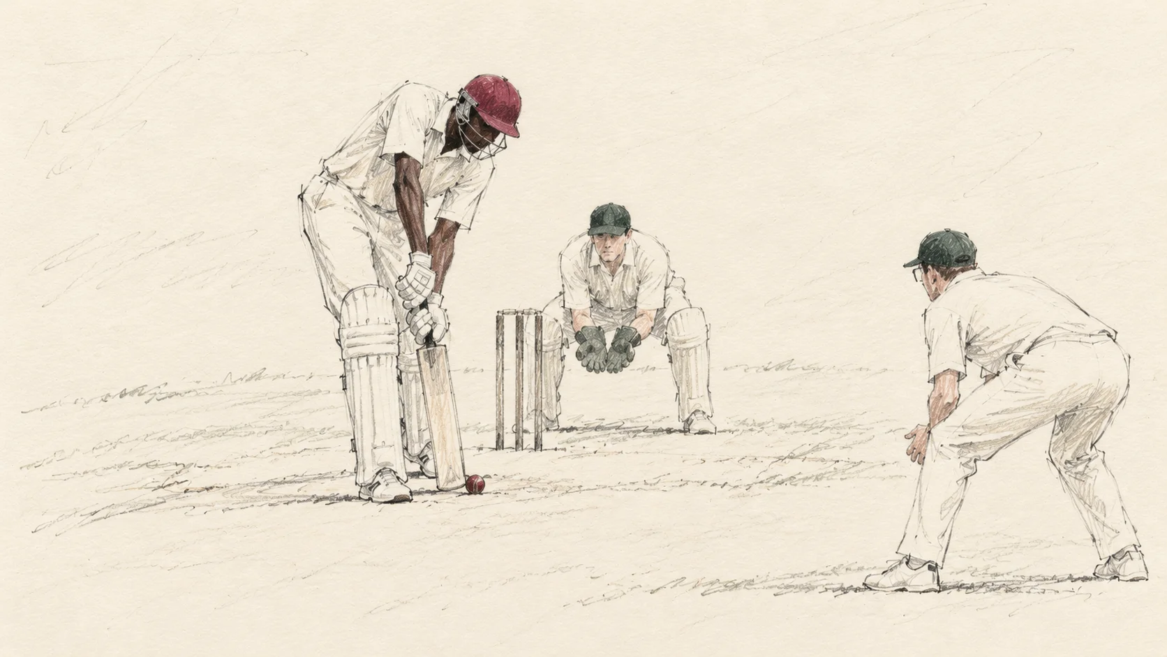Loose pencil illustration of Curtly Ambrose defending a red ball near his bat, with the Australian keeper and a close catcher watching.