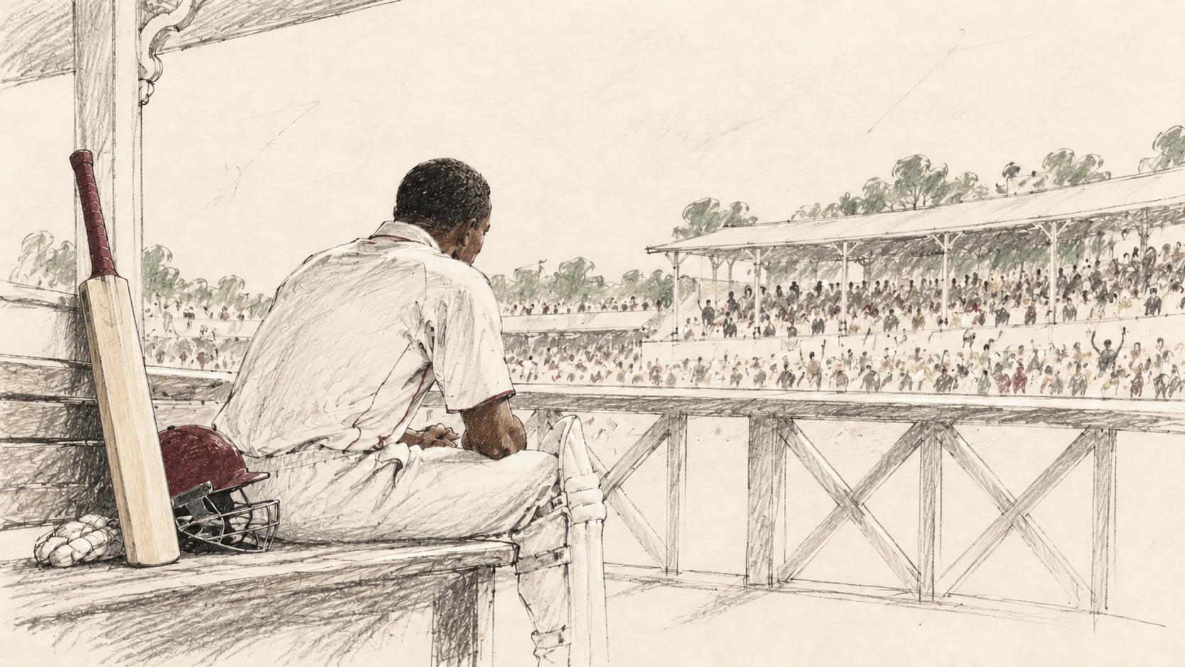 Loose pencil illustration of Brian Lara seated on a pavilion balcony beside his bat and maroon helmet, looking toward occupied stands.