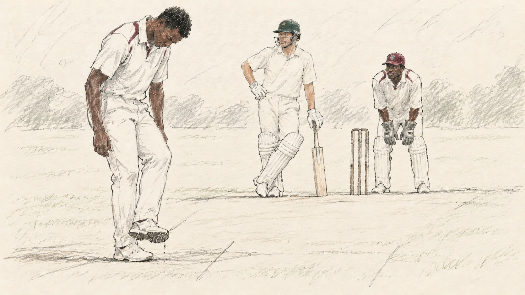 Loose pencil illustration of Curtly Ambrose inspecting his damaged shoe while an Australian batter and the West Indies wicketkeeper wait.