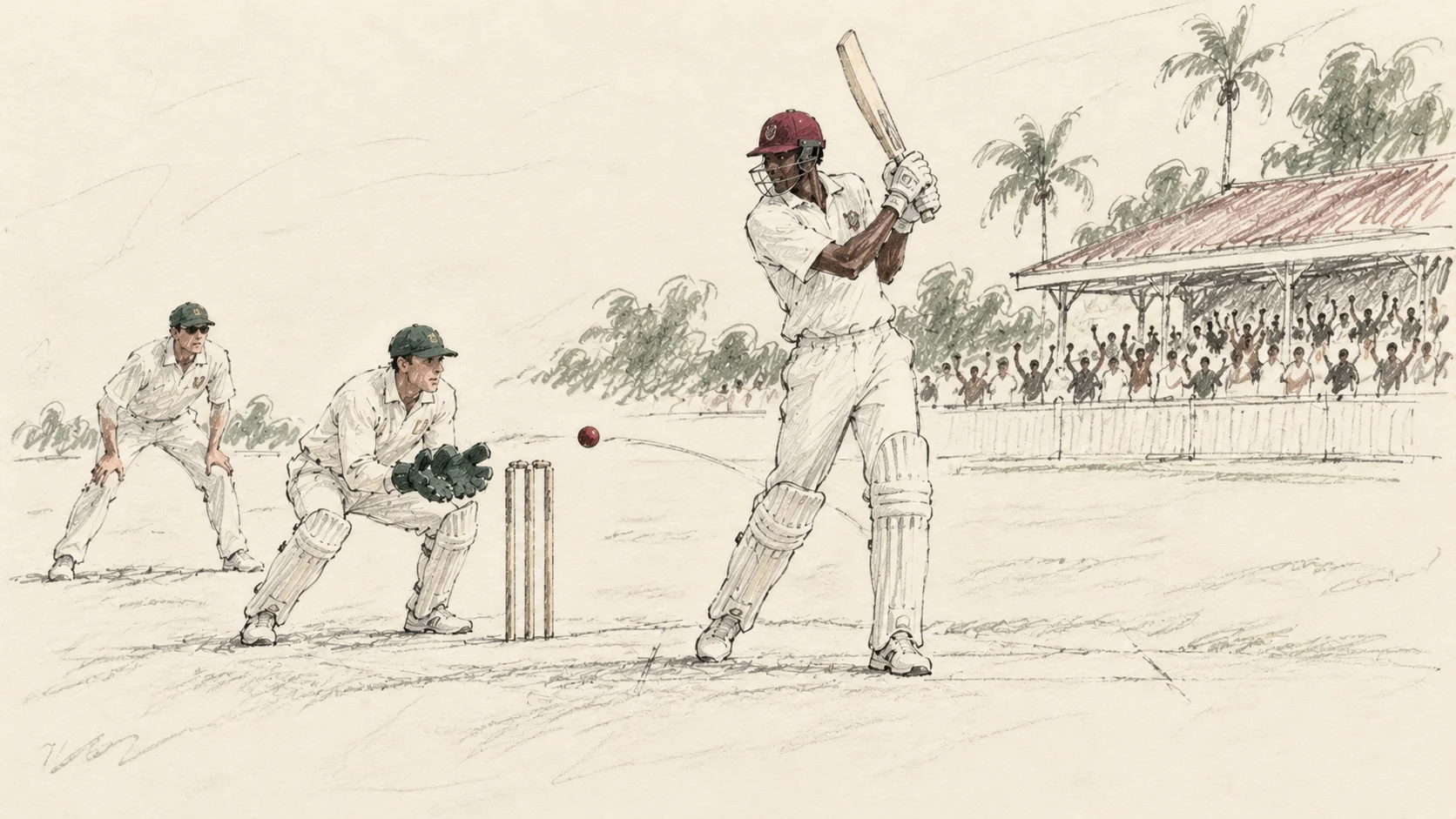 Loose pencil illustration of Courtney Walsh leaving a red ball outside the wicket as the Australian keeper waits behind the stumps.