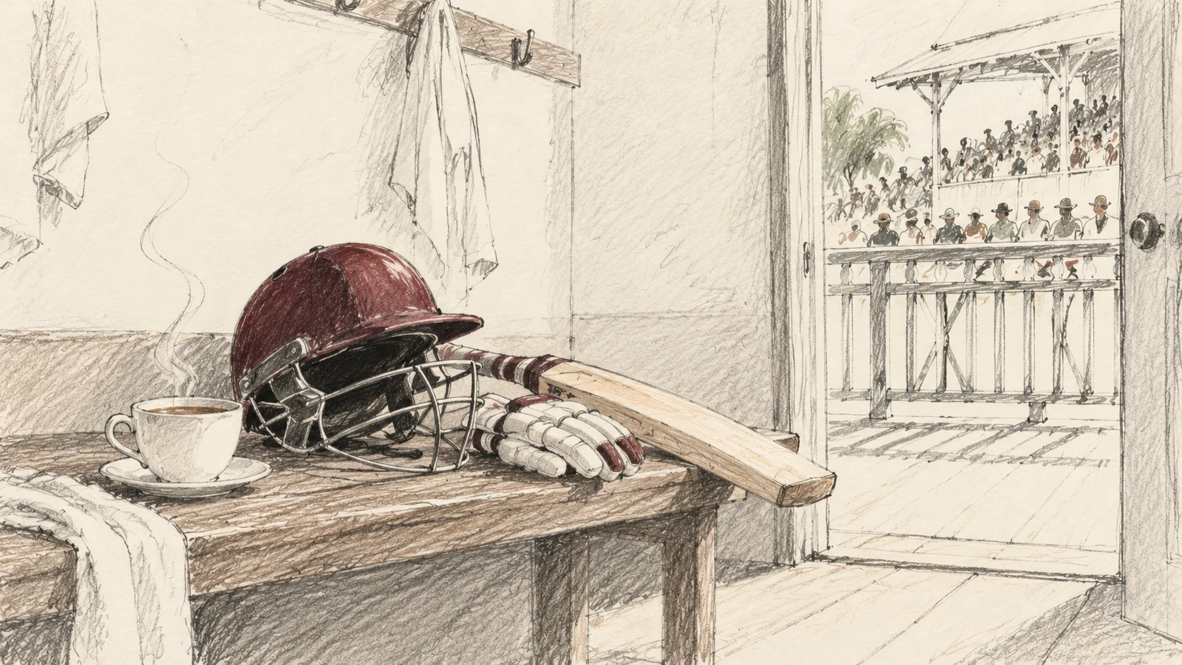 Loose pencil illustration of a teacup, maroon helmet, gloves and bat on a dressing-room bench beside the pavilion balcony.