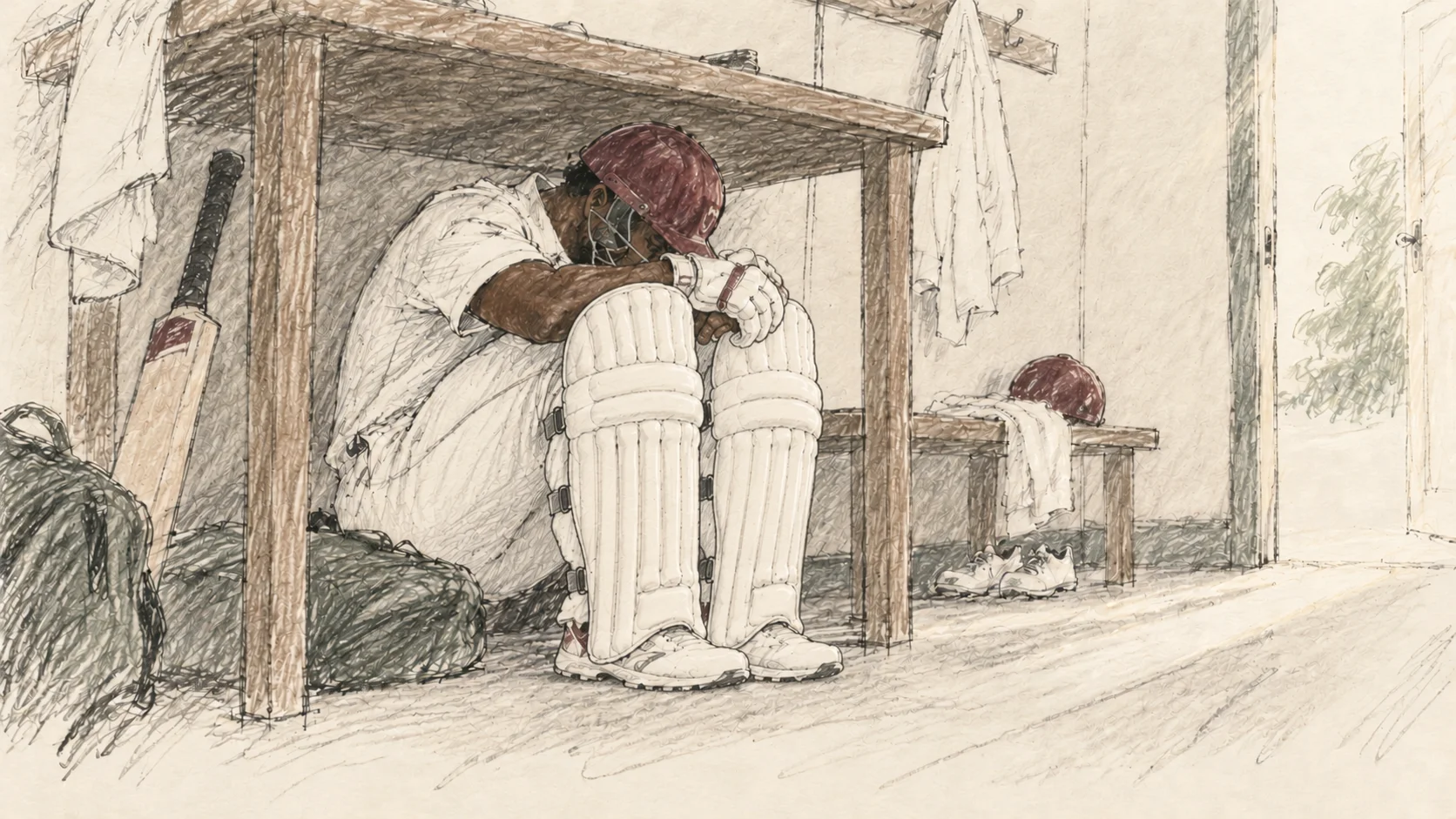 Loose pencil illustration of Nehemiah Perry, with brown skin and maroon helmet, huddled in batting pads beneath a dressing-room table.