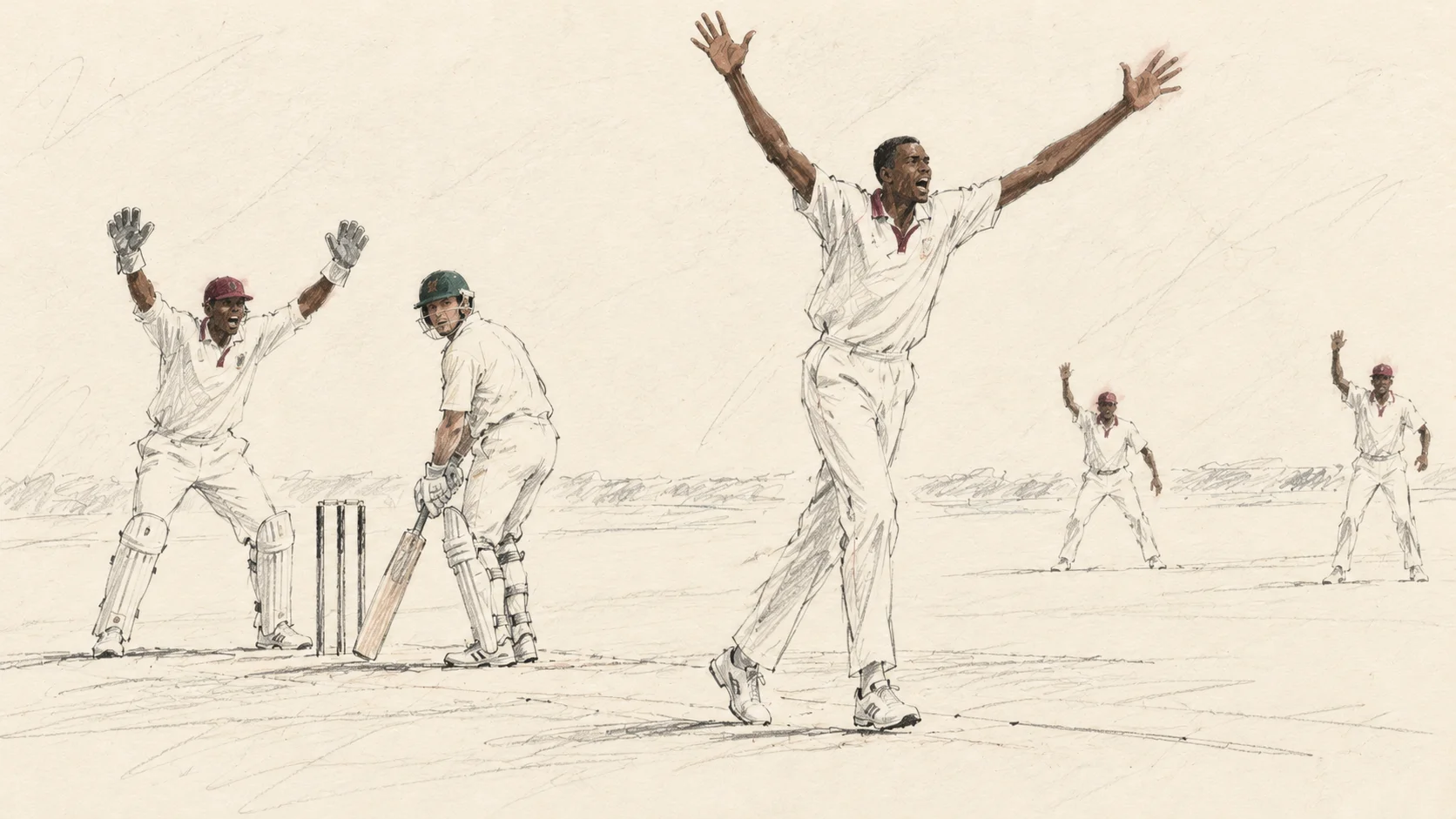 Loose pencil illustration of Courtney Walsh appealing with raised arms, joined by the West Indies wicketkeeper behind an Australian batter.