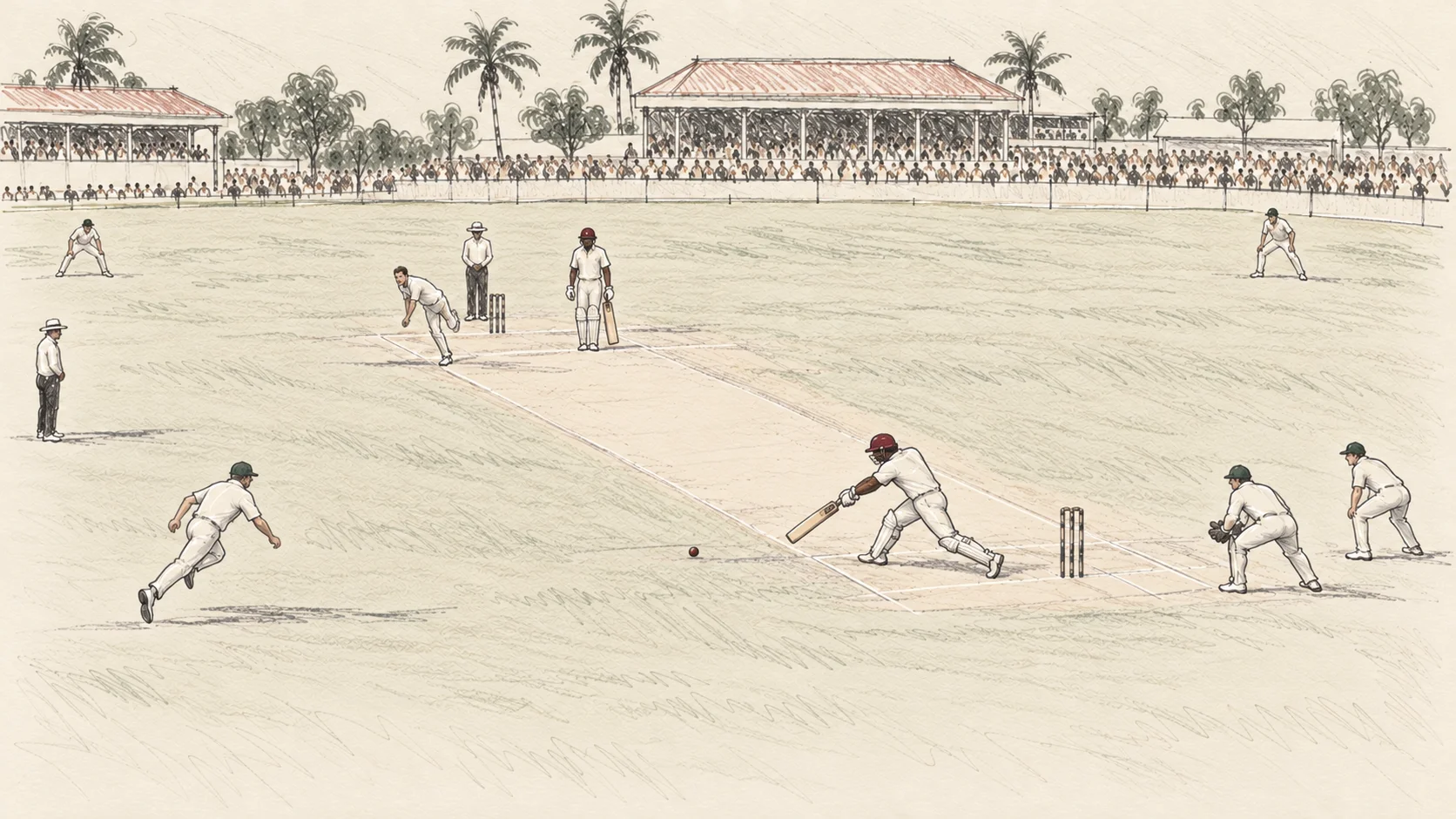 Loose pencil illustration of Brian Lara playing a left-handed cover drive, with his right leg forward, fielders, wicketkeeper, non-striker and umpires in view.