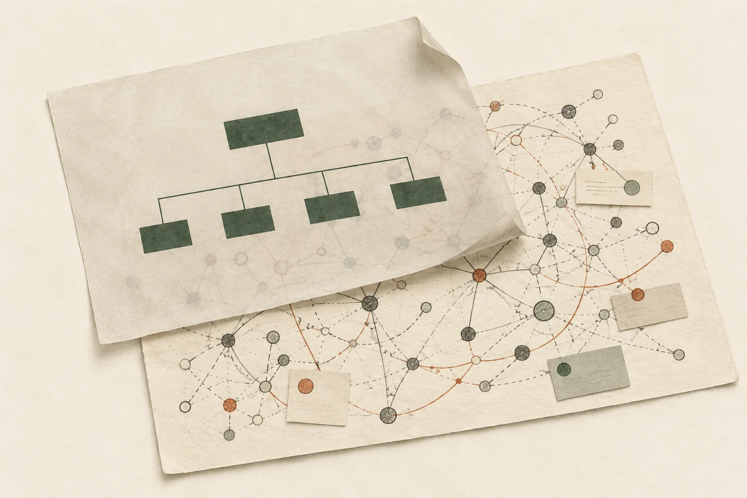 A simple green organization chart on translucent paper partly covers a more intricate network of graphite and rust-colored connections underneath.