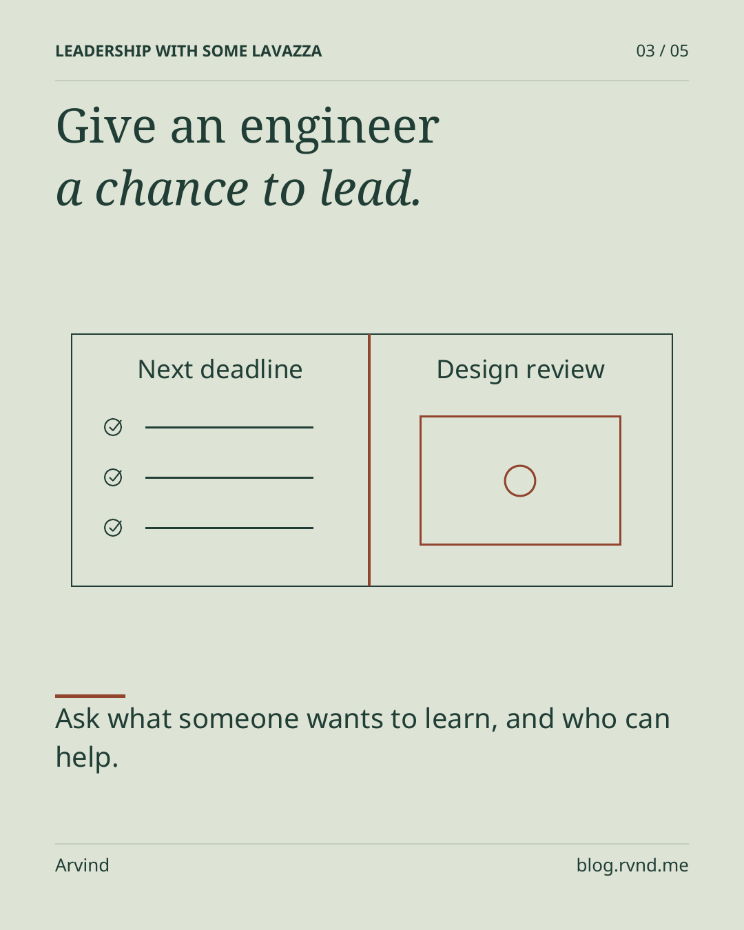 Give an engineer a chance to lead. An open notebook contrasts a filled task list under Next deadline with an empty outlined space under Design review. The contrast shows room for a supported opportunity to lead alongside delivery tasks. Ask what someone wants to learn, and who can help.