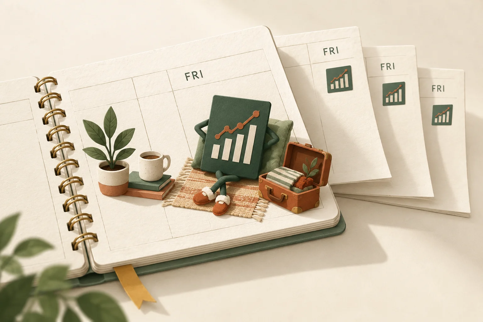 A green dashboard lounges in slippers on a Friday calendar square beside an open suitcase, with matching dashboards occupying the Fridays on later pages.