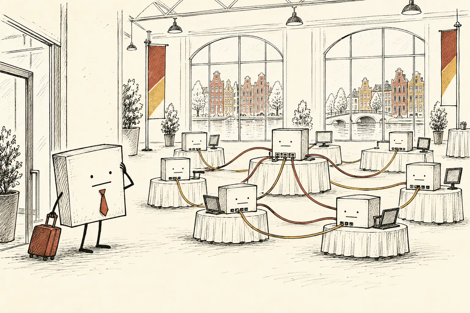 A necktie-wearing data packet arrives at an Amsterdam convention hall and finds a relay network spread across the floor.