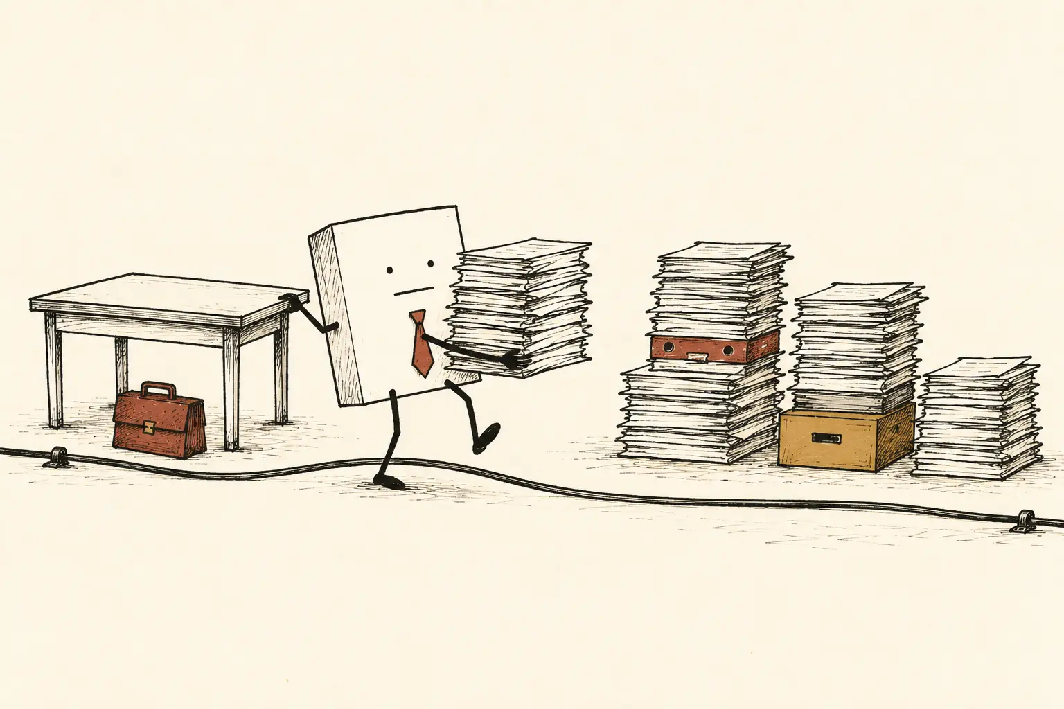 A necktie-wearing data packet carries a stack of specification pages across an untouched cable.